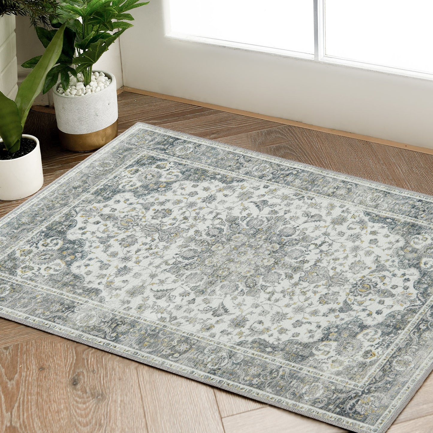RUGROCKS Area Rug 5x7 Floral Print Vintage Persian Rug Foldable Floral Print Accent Rug Retro Indoor Non Slip Carpet Kitchen Living Room Bedroom