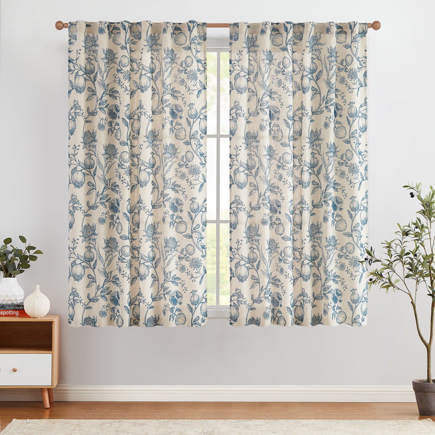CURTAINKING Linen Curtains Floral Curtains for Living Room French Curtains Back Tab Light Filtering Toile Print Farmhouse Bedroom Curtains Window Curtain Set 2 Panels