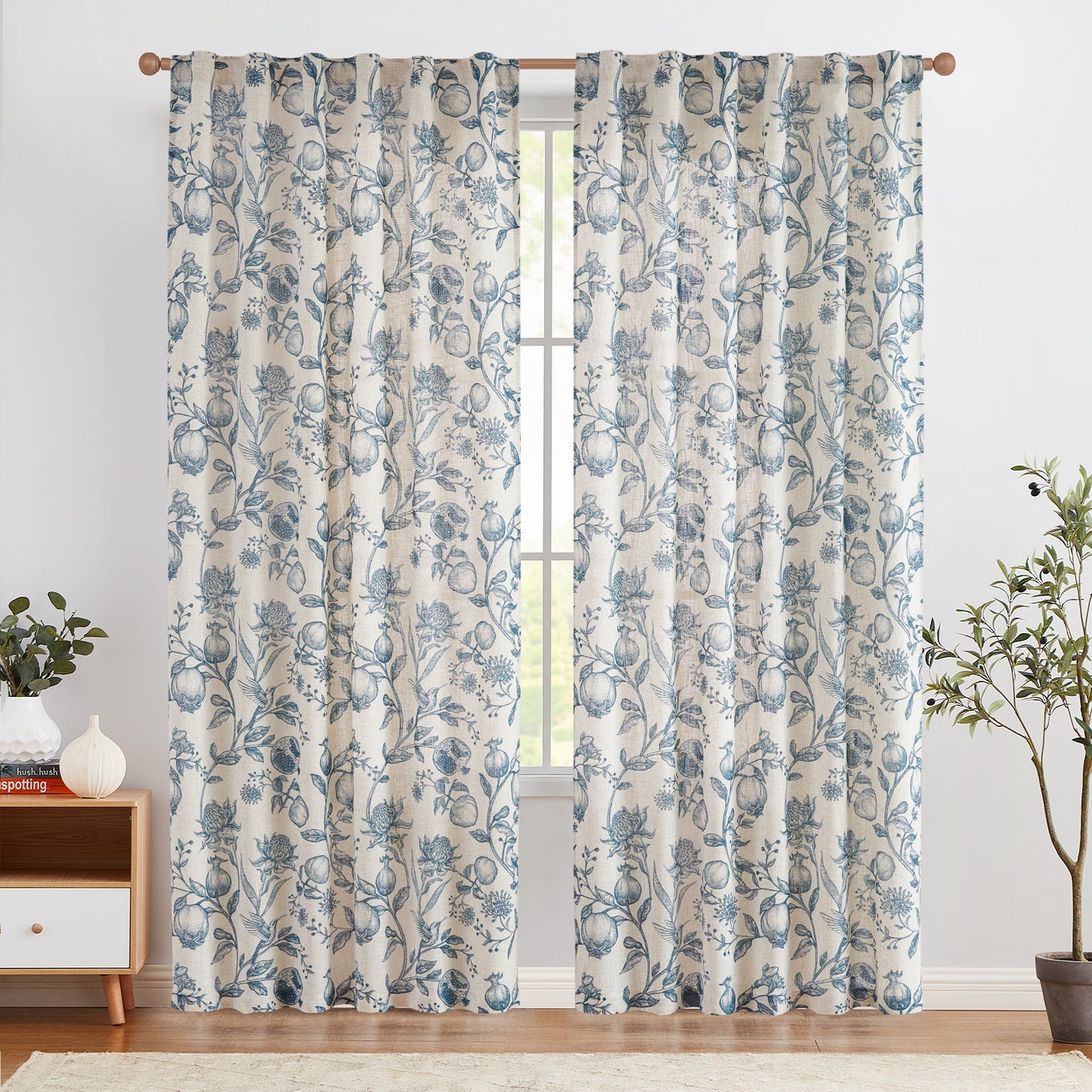 CURTAINKING Linen Curtains Floral Curtains for Living Room French Curtains Back Tab Light Filtering Toile Print Farmhouse Bedroom Curtains Window Curtain Set 2 Panels