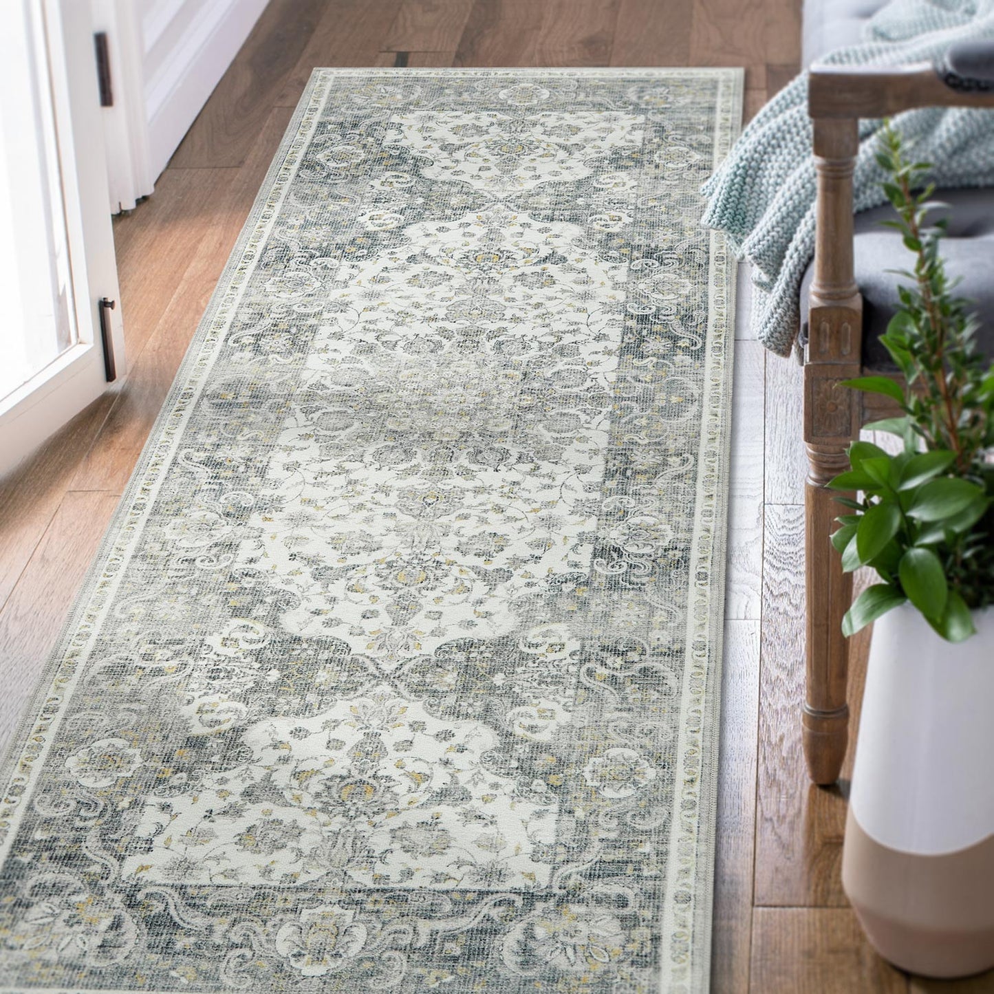RUGROCKS Area Rug 5x7 Floral Print Vintage Persian Rug Foldable Floral Print Accent Rug Retro Indoor Non Slip Carpet Kitchen Living Room Bedroom
