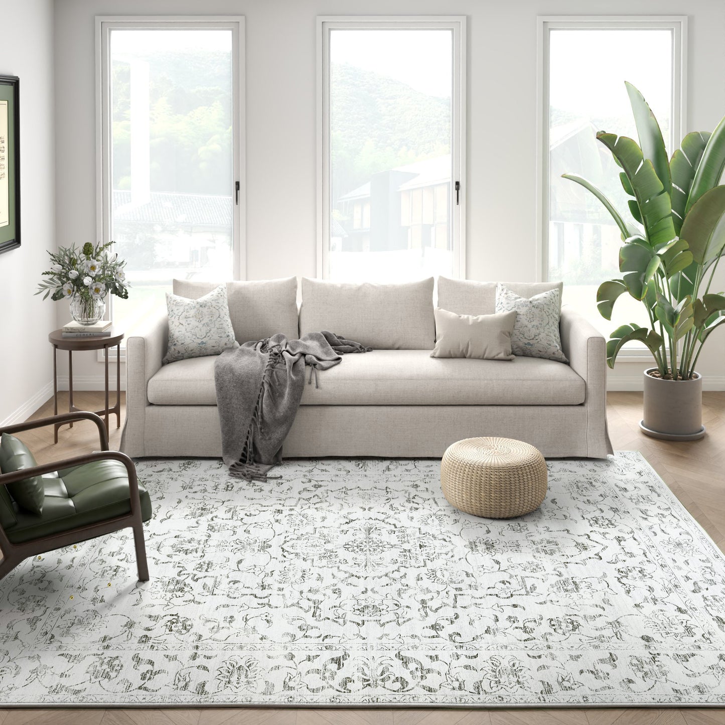 RUGKING Grey Vintage Area Rug Floral Carpet Distressed Mat, Foldable Non Slip Accent Rug for Kitchen Living Room