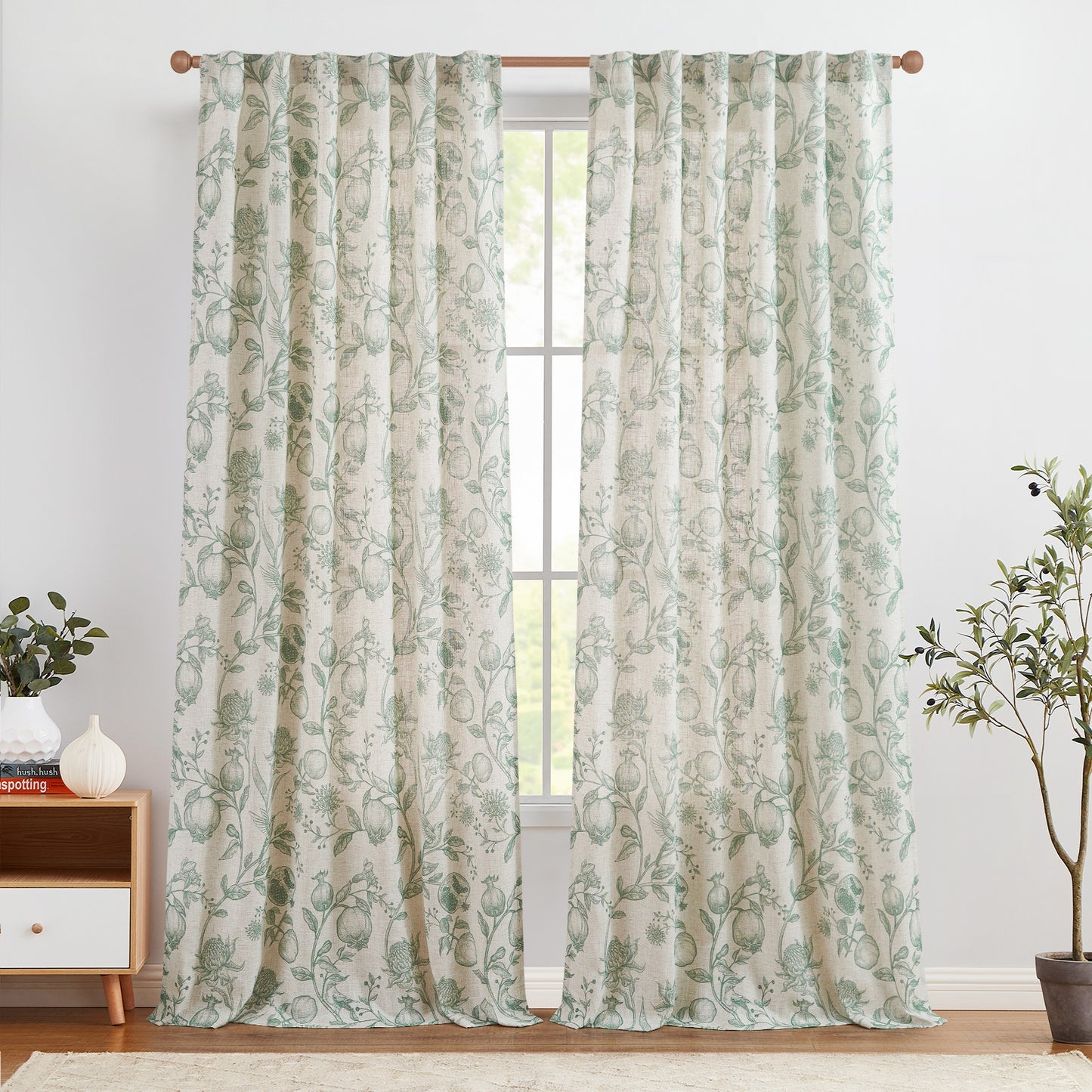 CURTAINKING Linen Curtains Floral Curtains for Living Room French Curtains Back Tab Light Filtering Toile Print Farmhouse Bedroom Curtains Window Curtain Set 2 Panels