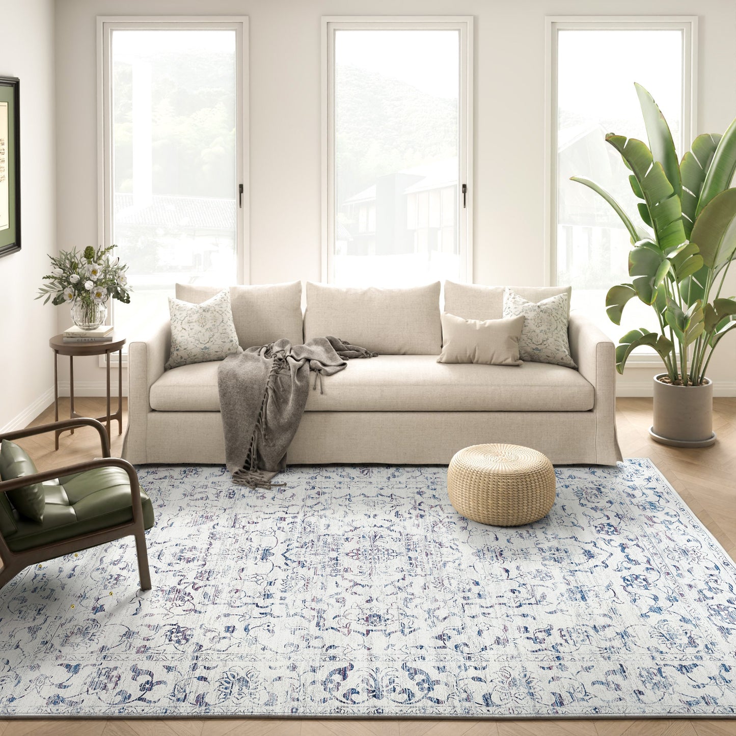 RUGKING Blue Vintage Area Rug Floral Carpet Distressed Mat, Foldable Non Slip Accent Rug for Kitchen Living Room