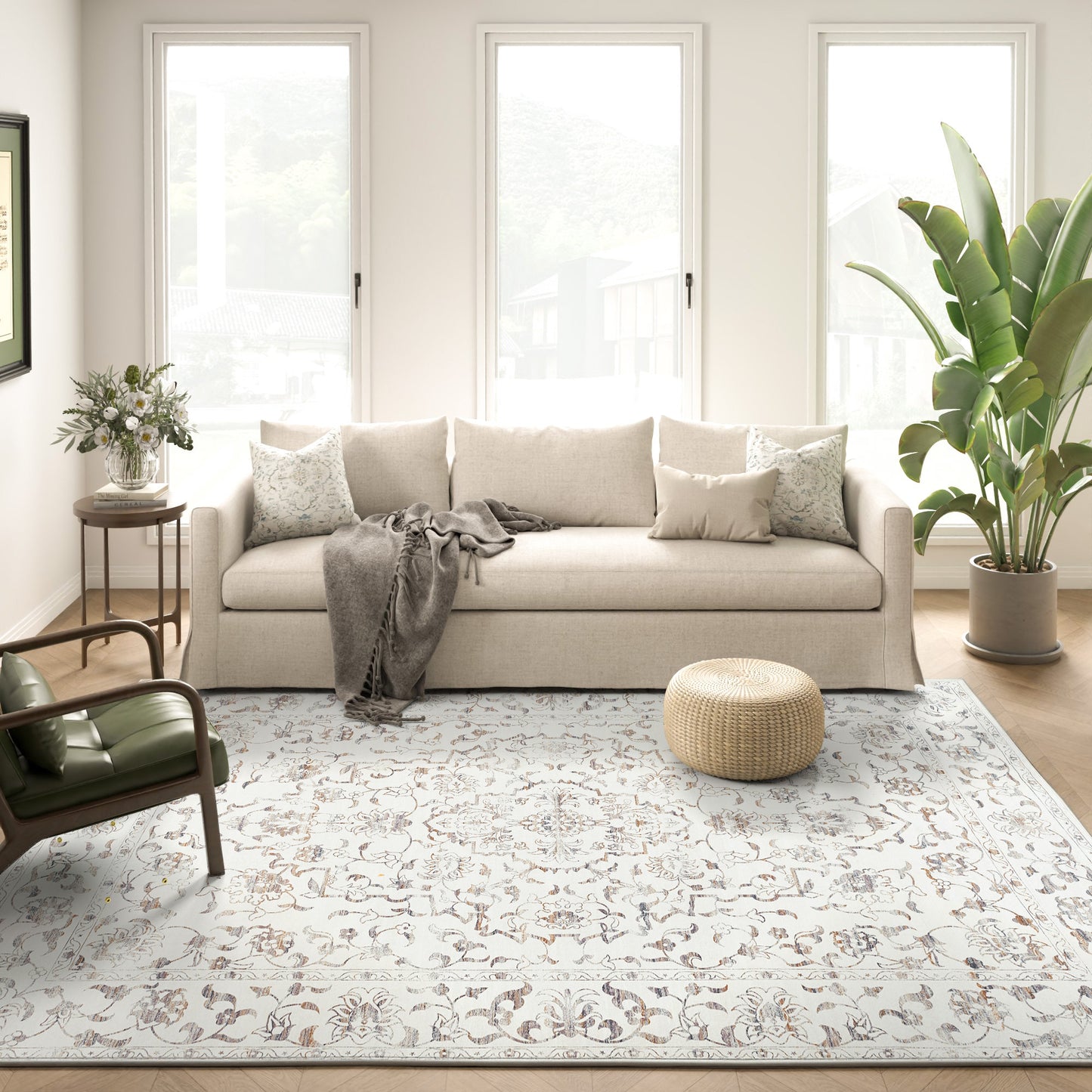 RUGKING Orange Vintage Area Rug Floral Carpet Distressed Mat, Foldable Non Slip Accent Rug for Kitchen Living Room