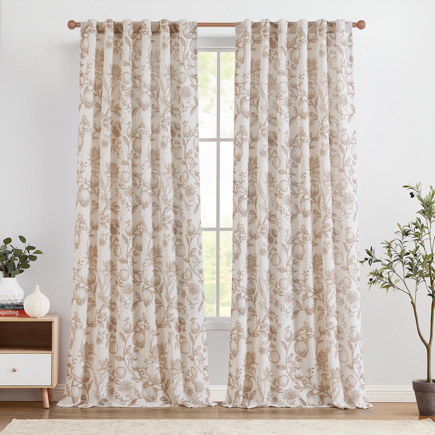 CURTAINKING Linen Curtains Floral Curtains for Living Room French Curtains Back Tab Light Filtering Toile Print Farmhouse Bedroom Curtains Window Curtain Set 2 Panels