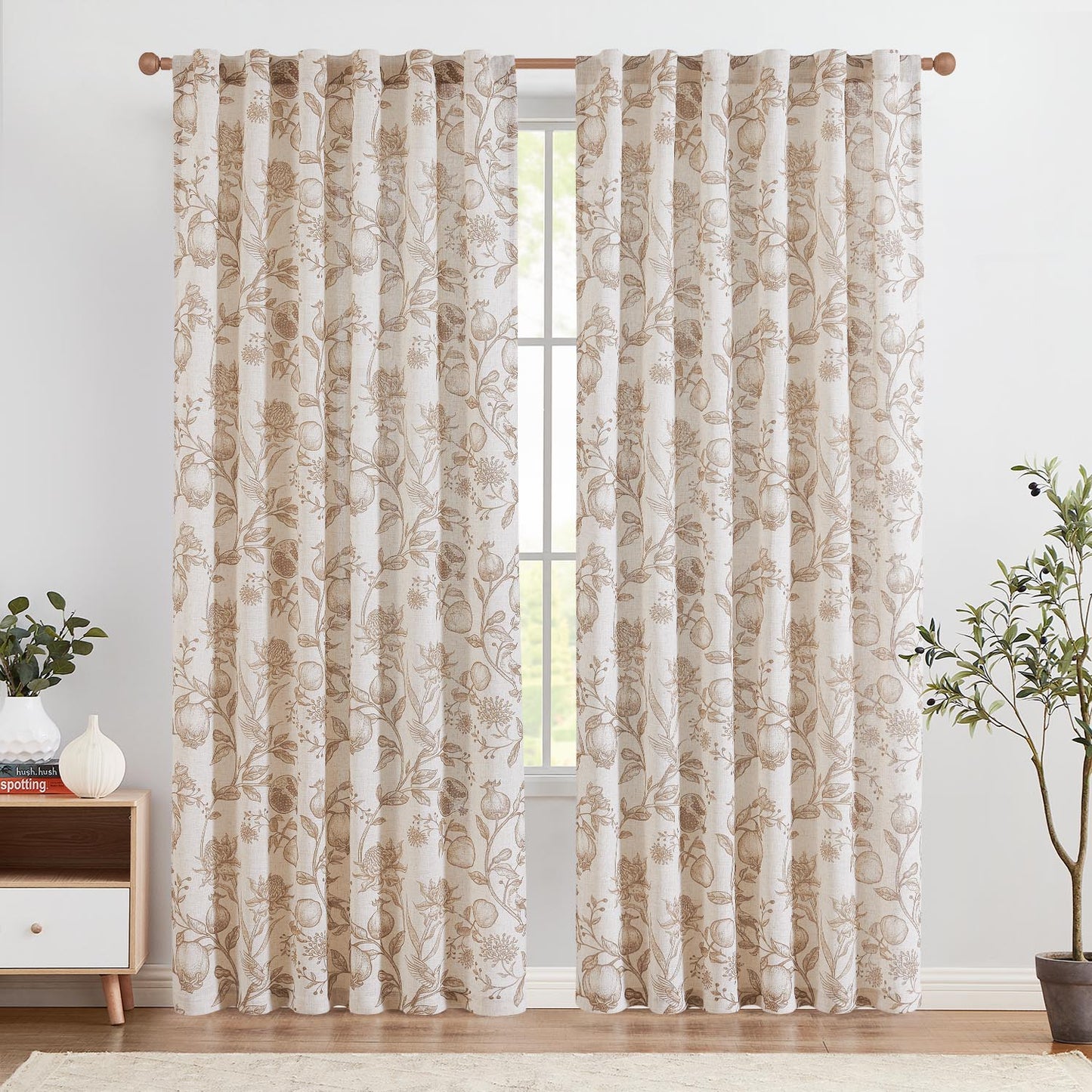 CURTAINKING Linen Curtains Floral Curtains for Living Room French Curtains Back Tab Light Filtering Toile Print Farmhouse Bedroom Curtains Window Curtain Set 2 Panels