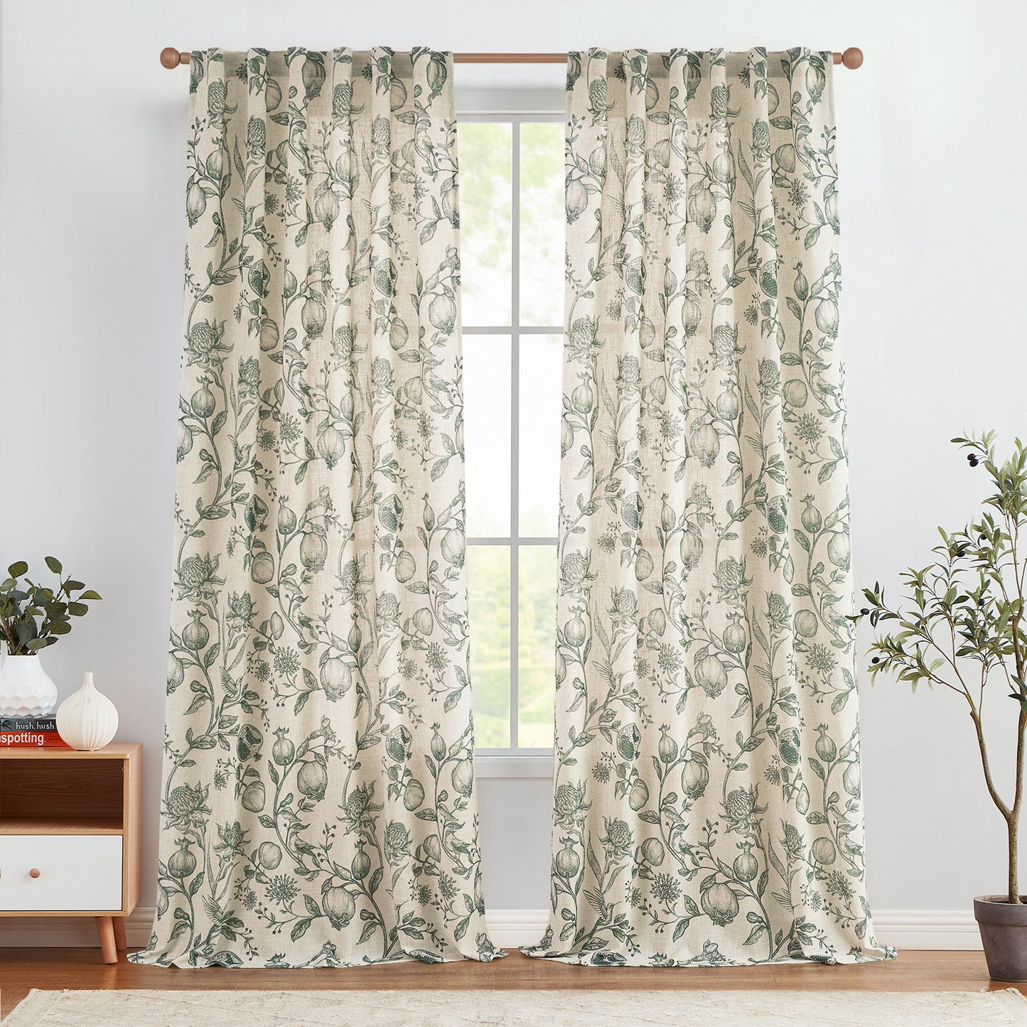 CURTAINKING Linen Curtains Floral Curtains for Living Room French Curtains Back Tab Light Filtering Toile Print Farmhouse Bedroom Curtains Window Curtain Set 2 Panels