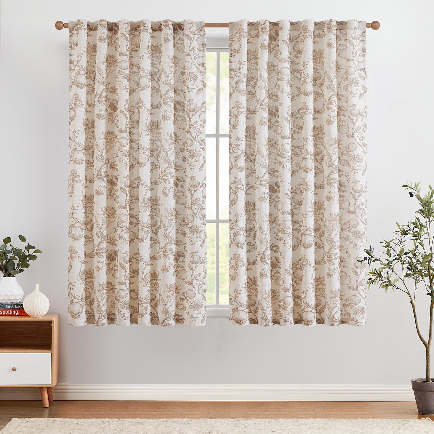 CURTAINKING Linen Curtains Floral Curtains for Living Room French Curtains Back Tab Light Filtering Toile Print Farmhouse Bedroom Curtains Window Curtain Set 2 Panels