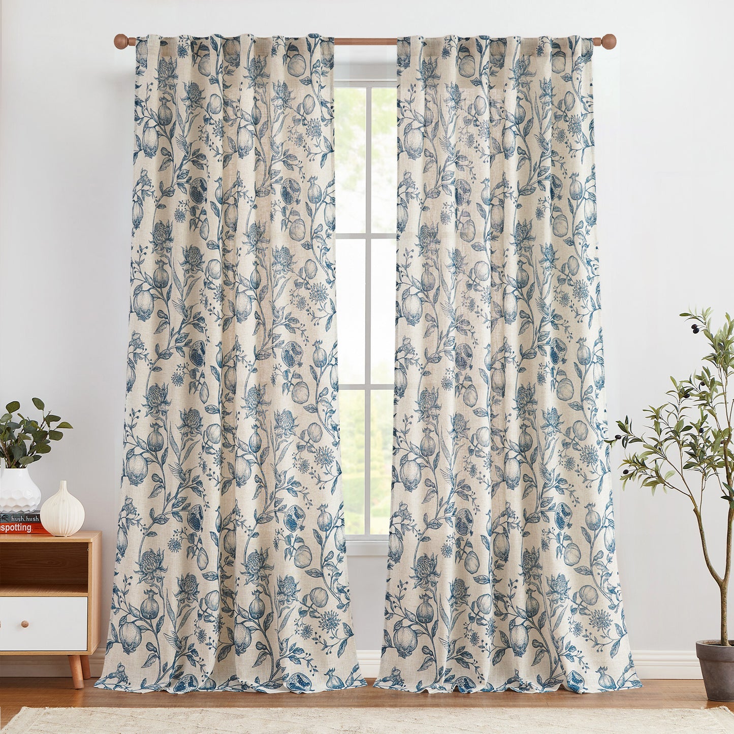 CURTAINKING Linen Curtains Floral Curtains for Living Room French Curtains Back Tab Light Filtering Toile Print Farmhouse Bedroom Curtains Window Curtain Set 2 Panels