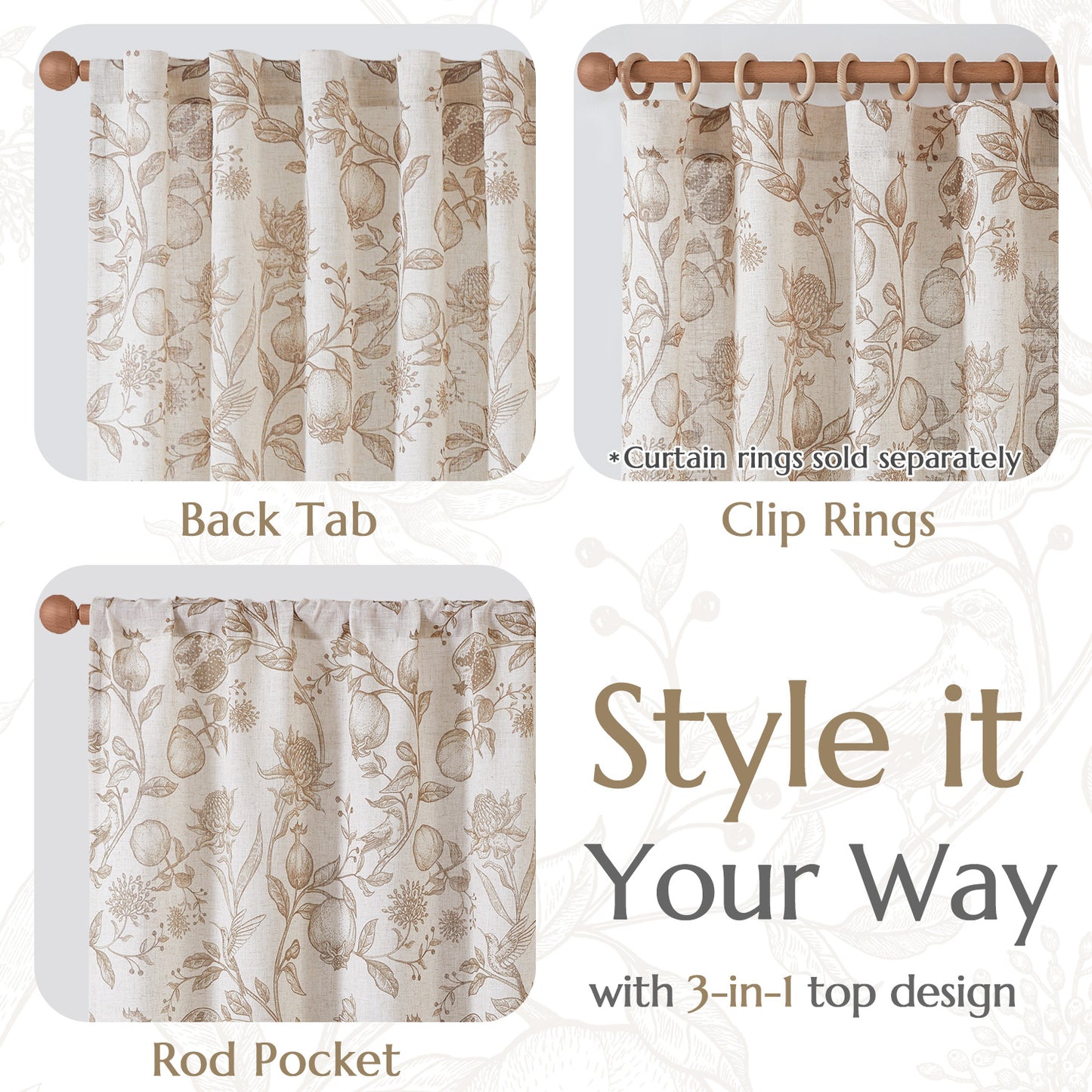 CURTAINKING Linen Curtains Floral Curtains for Living Room French Curtains Back Tab Light Filtering Toile Print Farmhouse Bedroom Curtains Window Curtain Set 2 Panels