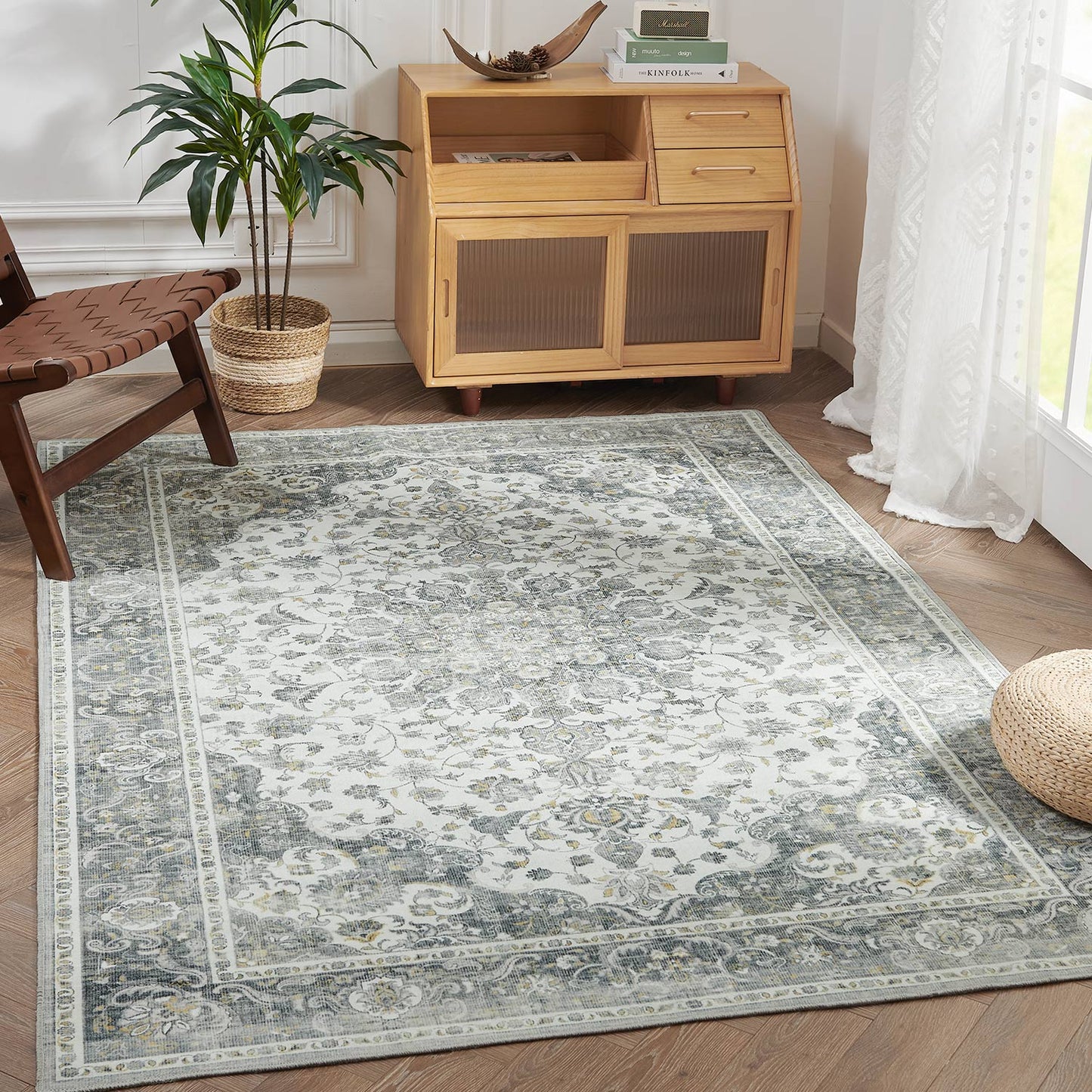 RUGROCKS Area Rug 5x7 Floral Print Vintage Persian Rug Foldable Floral Print Accent Rug Retro Indoor Non Slip Carpet Kitchen Living Room Bedroom