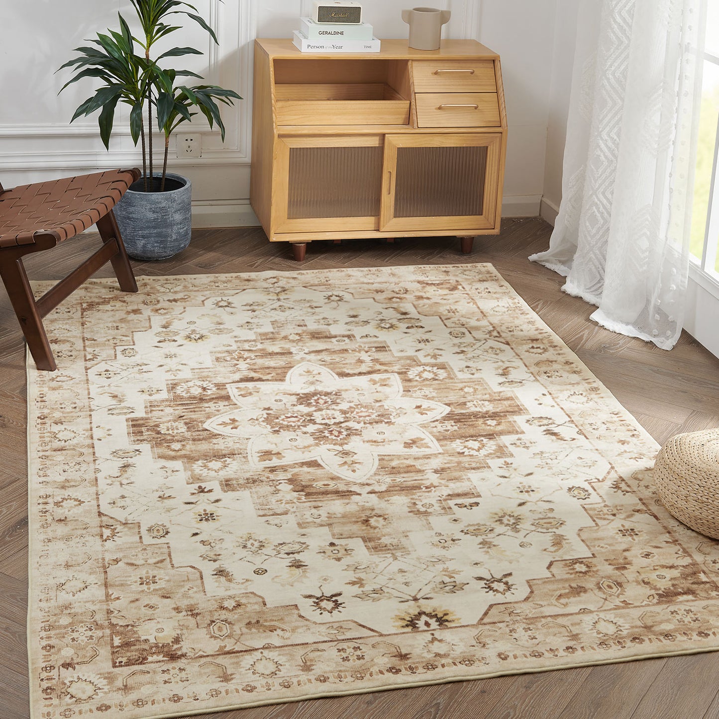 RUGROCKS Area Rug 5x7 Vintage Persian Rug Foldable Floral Print Accent Rug Retro IndoorNon Slip Carpet Kitchen Living Room Bedroom