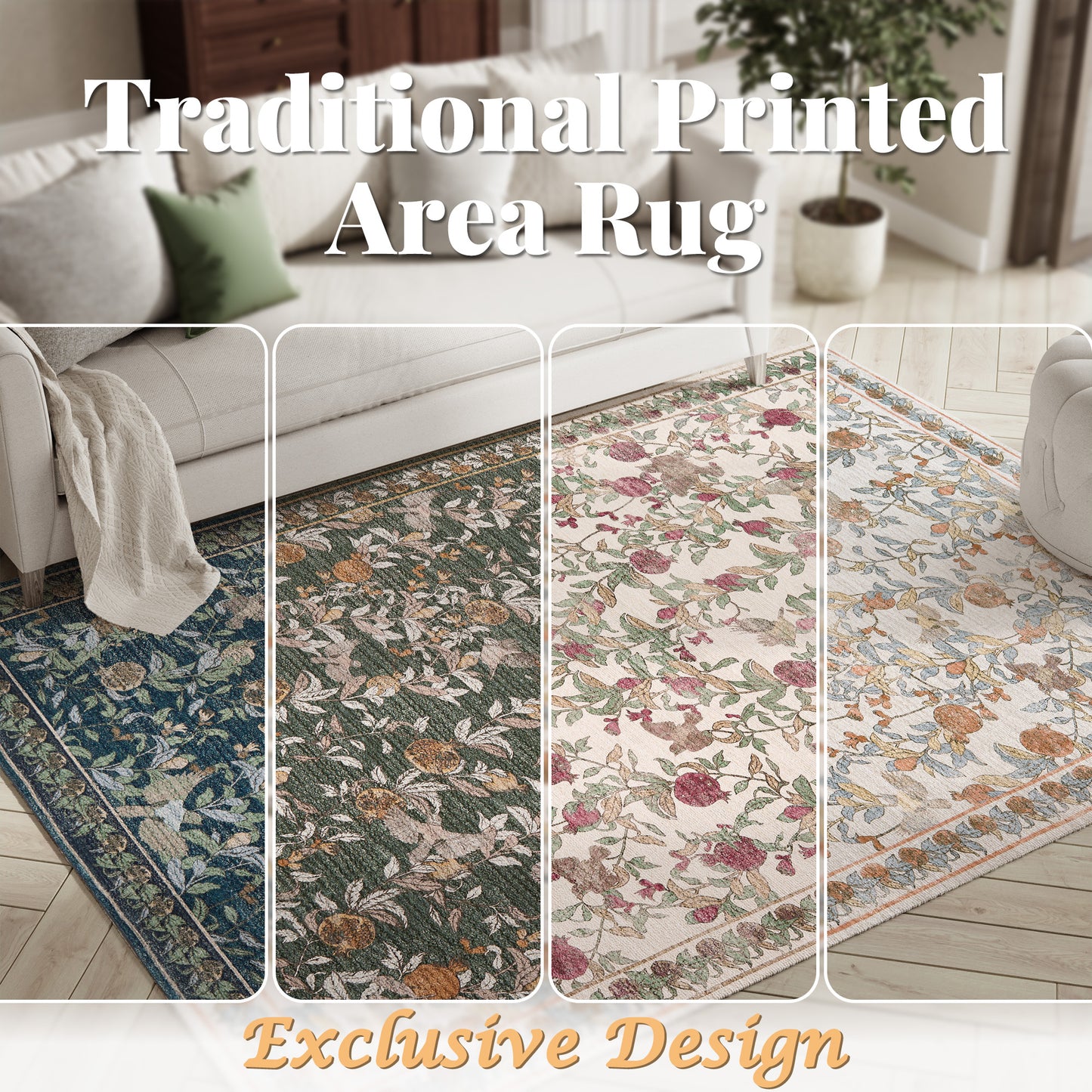 JINCHAN Vintage Rugs For Doormat Retro Oriental Rug Floral Print Mat Thin Traditional Carpet For Kitchen Bathroom Hallway Orange/Green