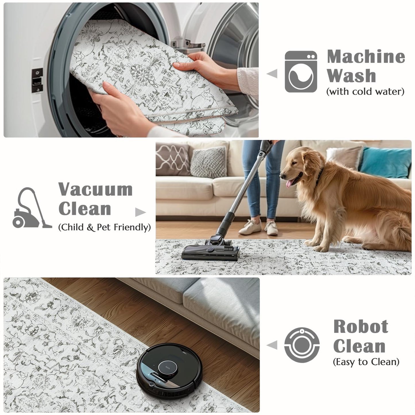RUGKING Grey Vintage Area Rug Floral Carpet Distressed Mat, Foldable Non Slip Accent Rug for Kitchen Living Room