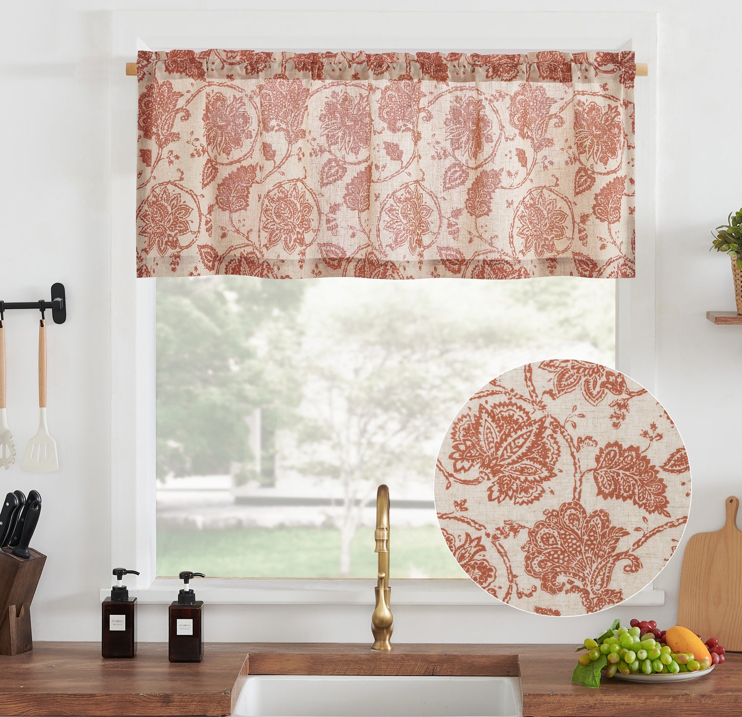 Curtainking Kitchen Valance Linen Textured Floral Printed Small Window Valance 1 Panel