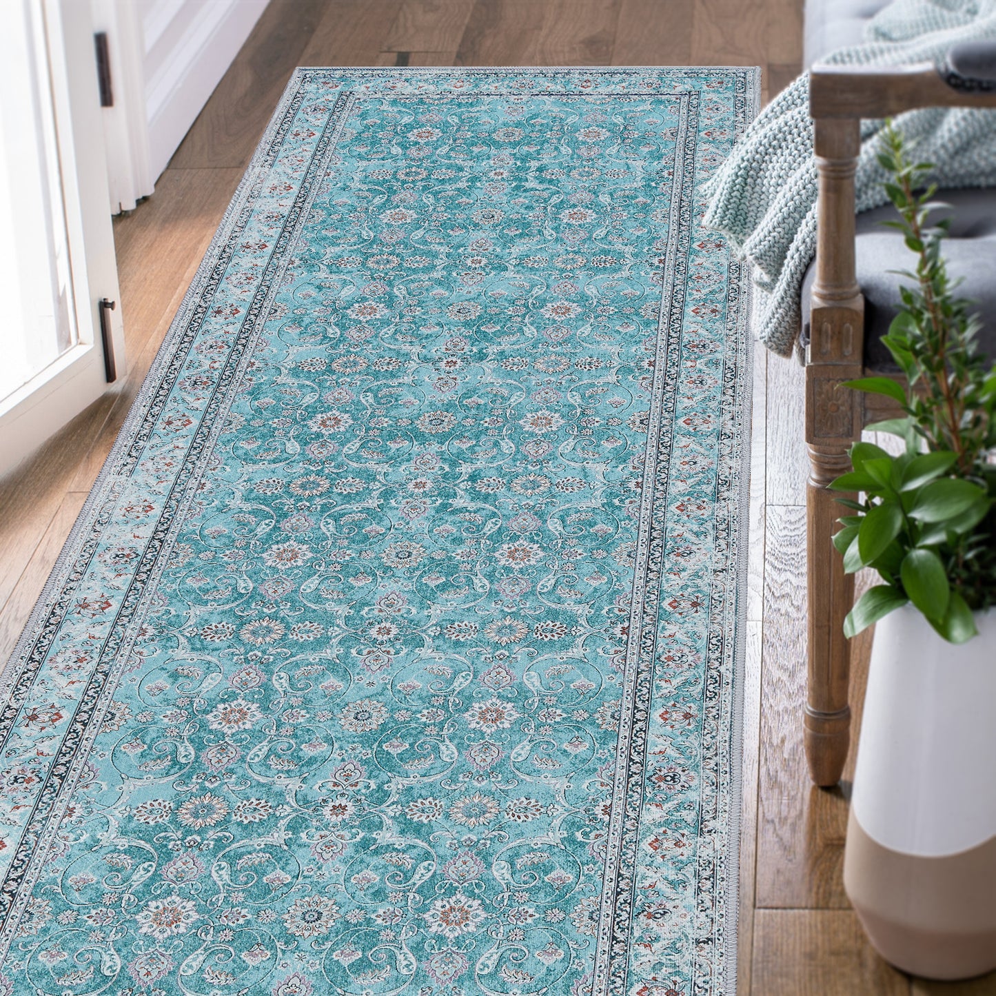 Jinchan Persian Distressed Floral Turquoise Foldable Area Rug