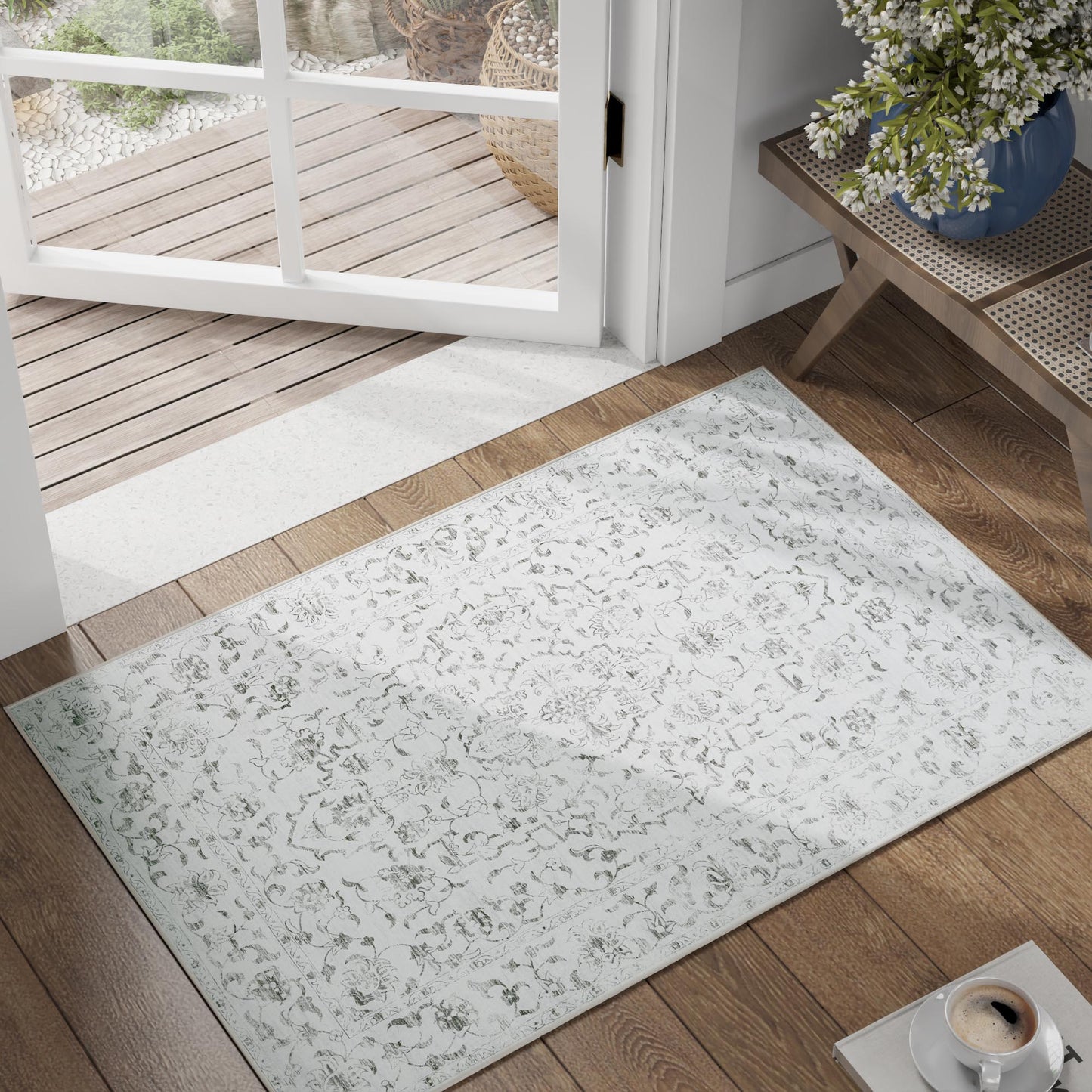RUGKING Grey Vintage Area Rug Floral Carpet Distressed Mat, Foldable Non Slip Accent Rug for Kitchen Living Room