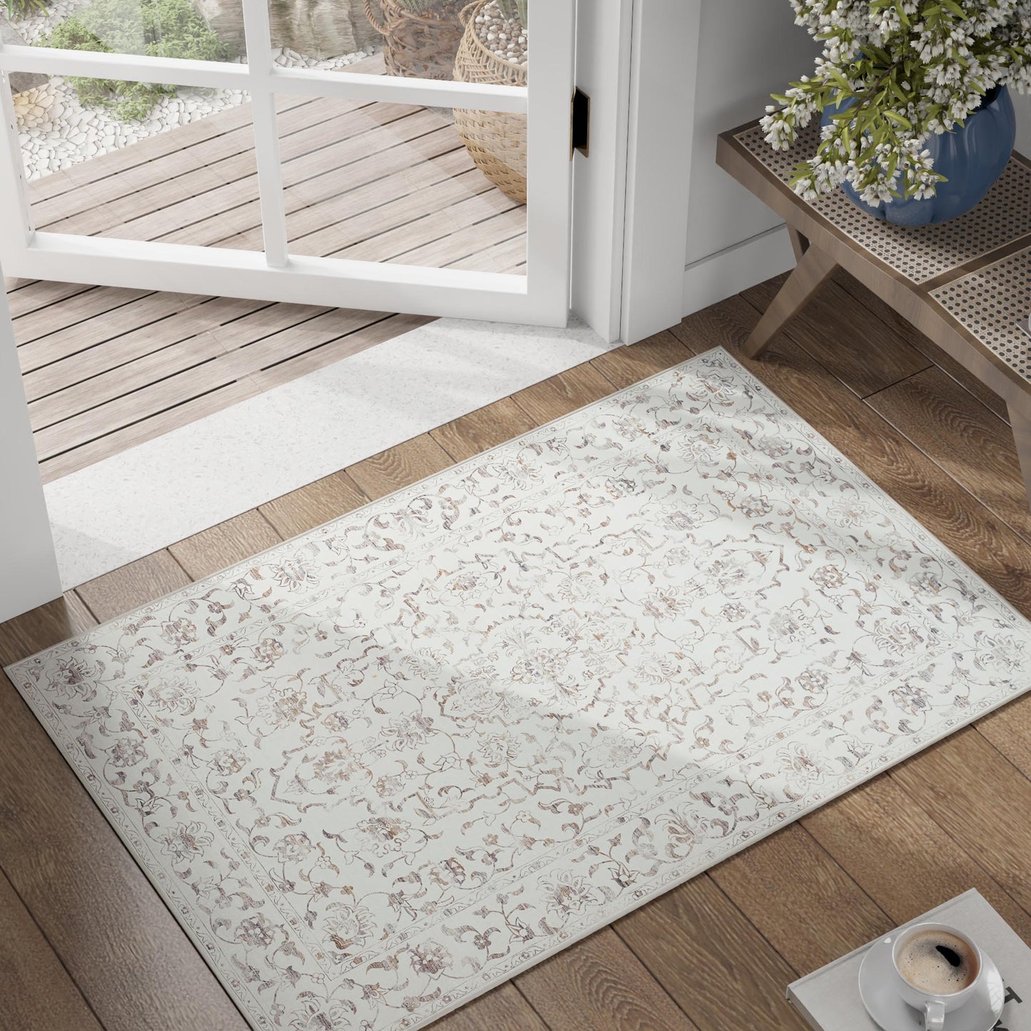 RUGKING Orange Vintage Area Rug Floral Carpet Distressed Mat, Foldable Non Slip Accent Rug for Kitchen Living Room