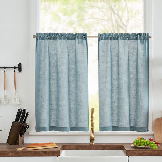 Curtainking Farmhouse Rod Pocket Semi-Sheer Cafe Curtains, Linen Textured Window Curtains, 2 Panels