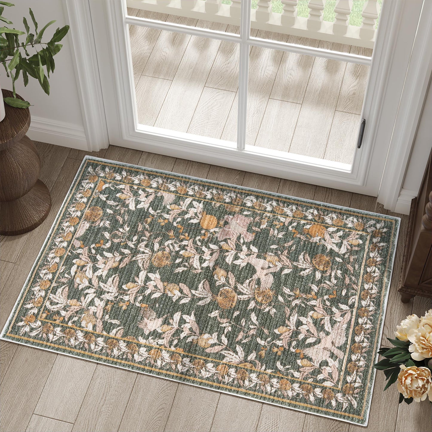 JINCHAN Vintage Rugs For Doormat Retro Oriental Rug Floral Print Mat Thin Traditional Carpet For Kitchen Bathroom Hallway Orange/Green