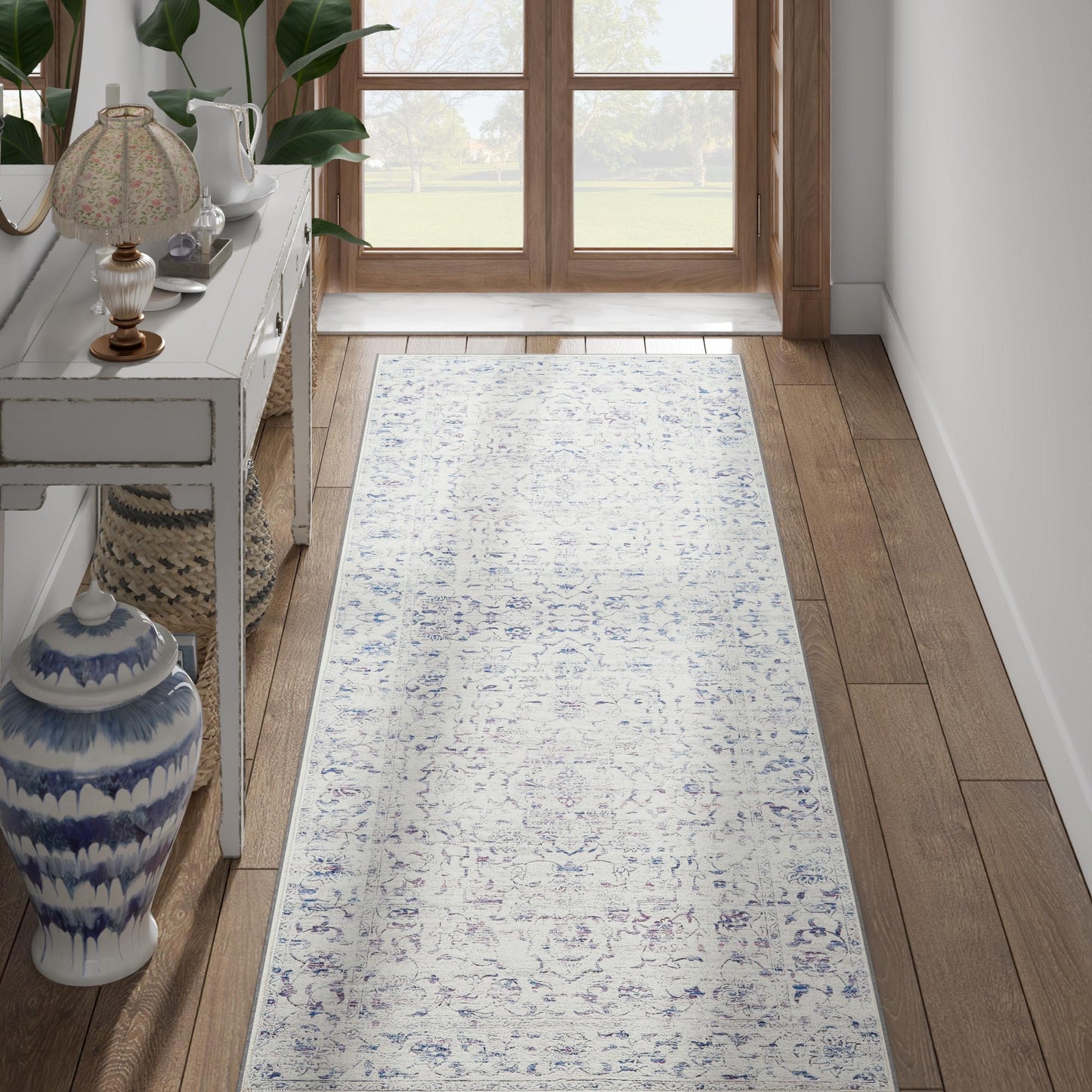 RUGKING Blue Vintage Area Rug Floral Carpet Distressed Mat, Foldable Non Slip Accent Rug for Kitchen Living Room