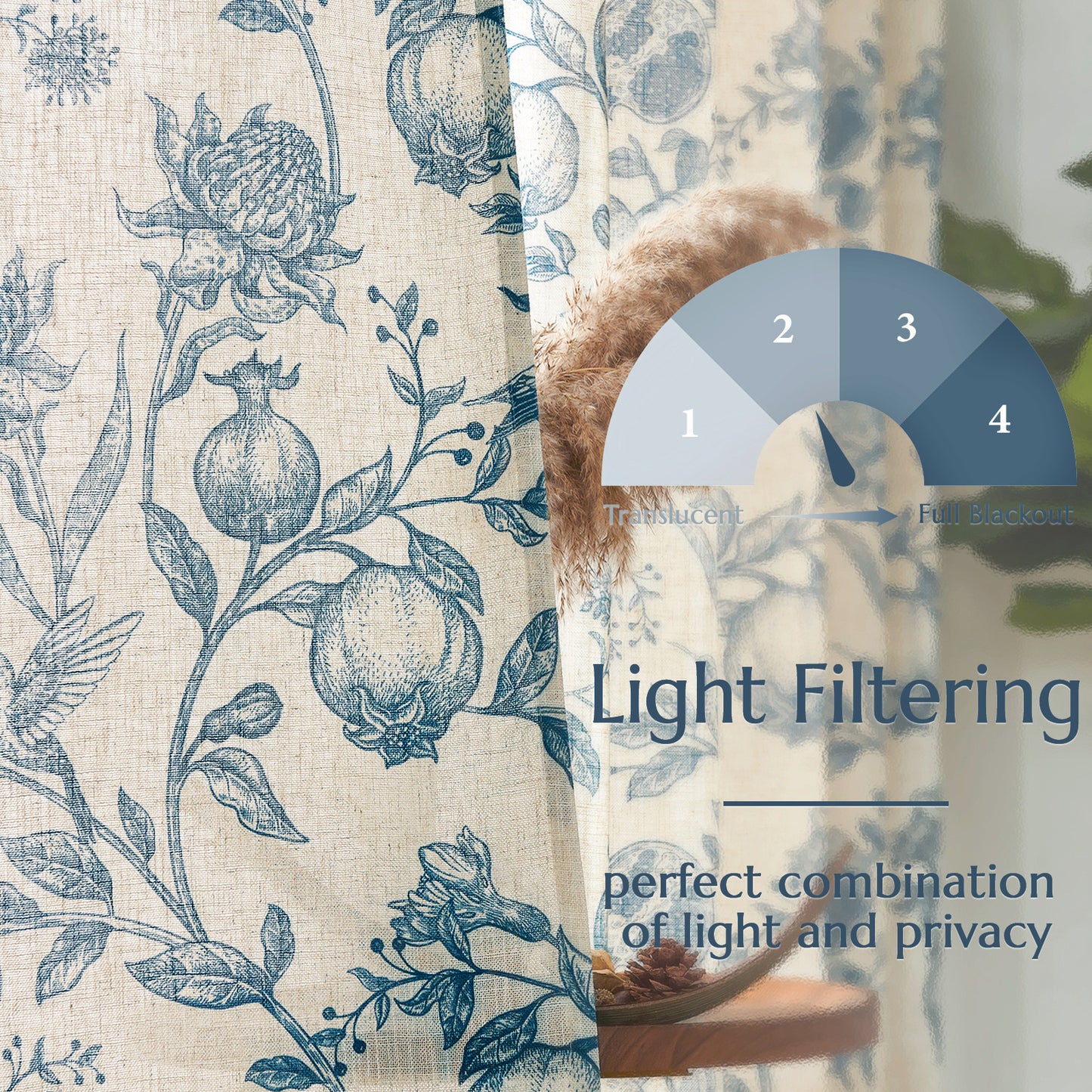 CURTAINKING Linen Curtains Floral Curtains for Living Room French Curtains Back Tab Light Filtering Toile Print Farmhouse Bedroom Curtains Window Curtain Set 2 Panels