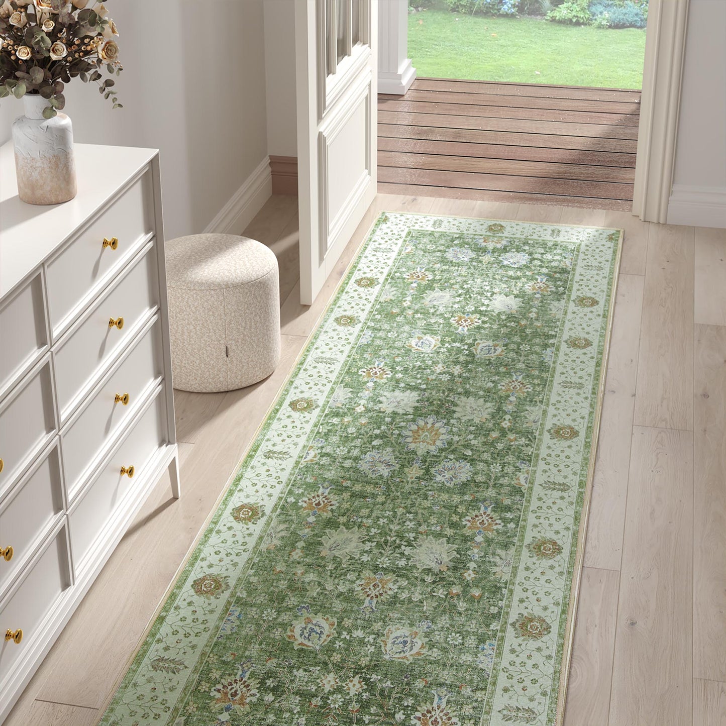 RUGKING Living Room Rug Floral Printed Green Indoor Accent Mat with Non-slip backing Retro Persian Rugs for Bedroom Dining Room