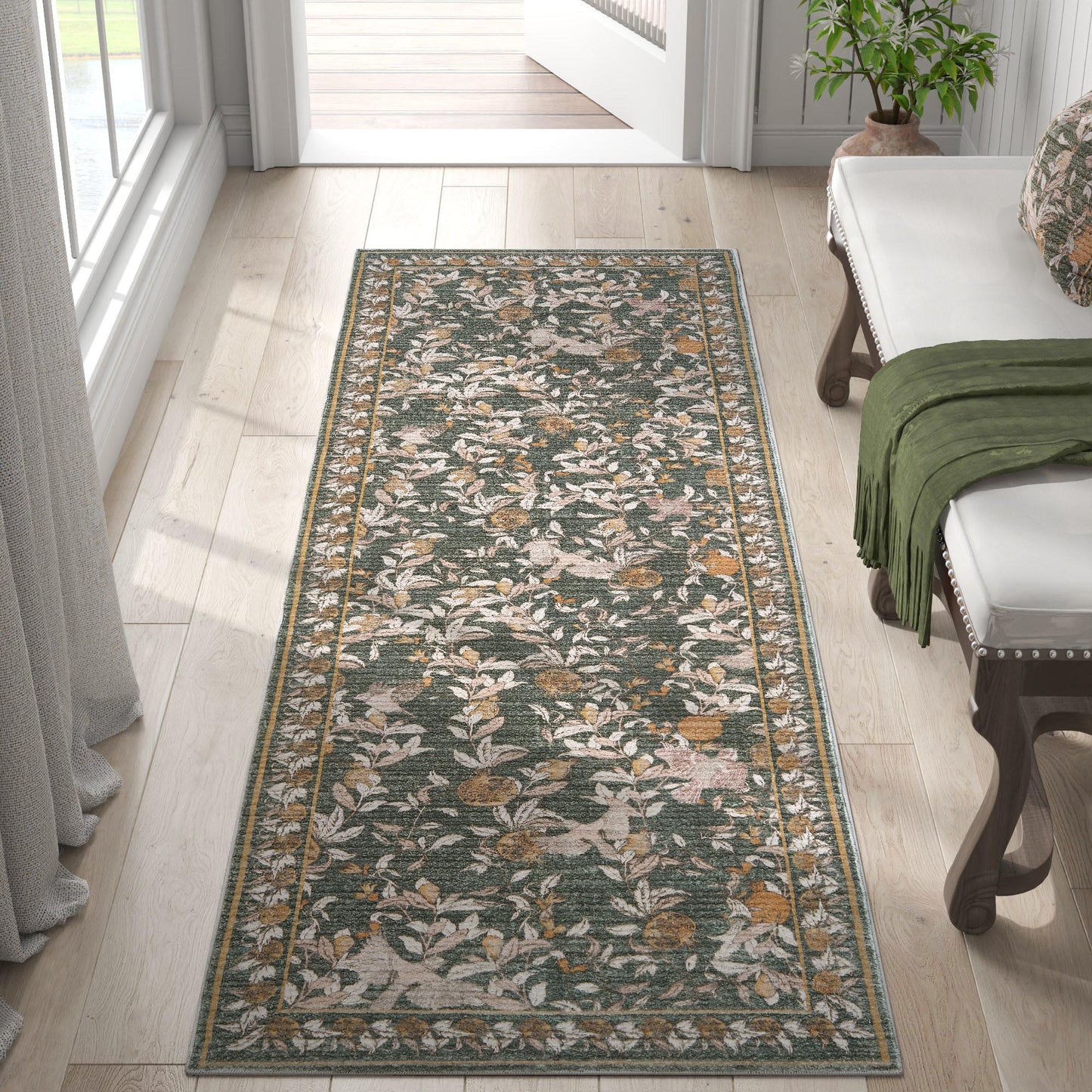 JINCHAN Vintage Rugs For Doormat Retro Oriental Rug Floral Print Mat Thin Traditional Carpet For Kitchen Bathroom Hallway Orange/Green