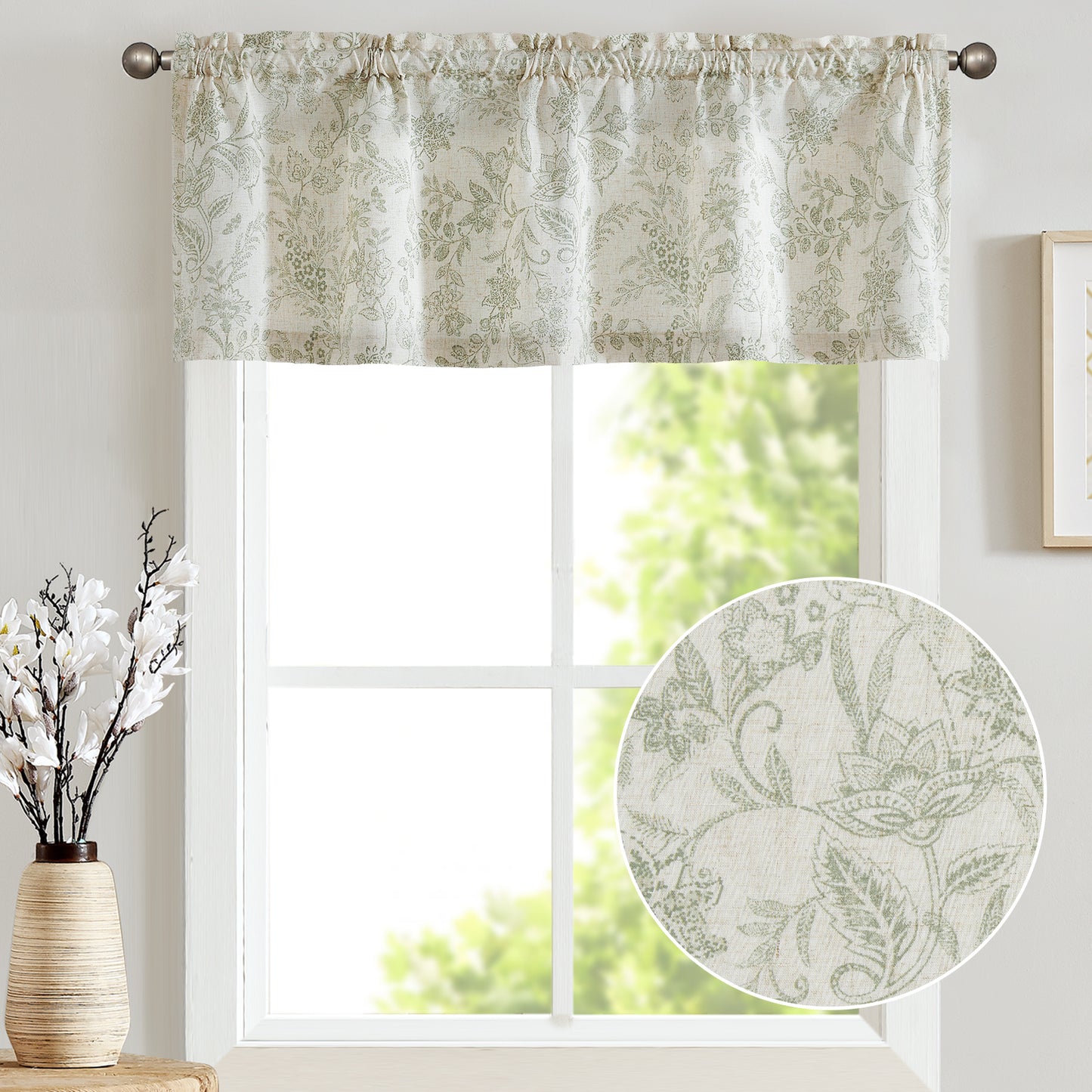 CURTAINKING Farmhouse Linen Valance Curtains for Kitchen Floral Rustic Rod Pocket Living Room Bedroom Small Window Valance 16 Inch