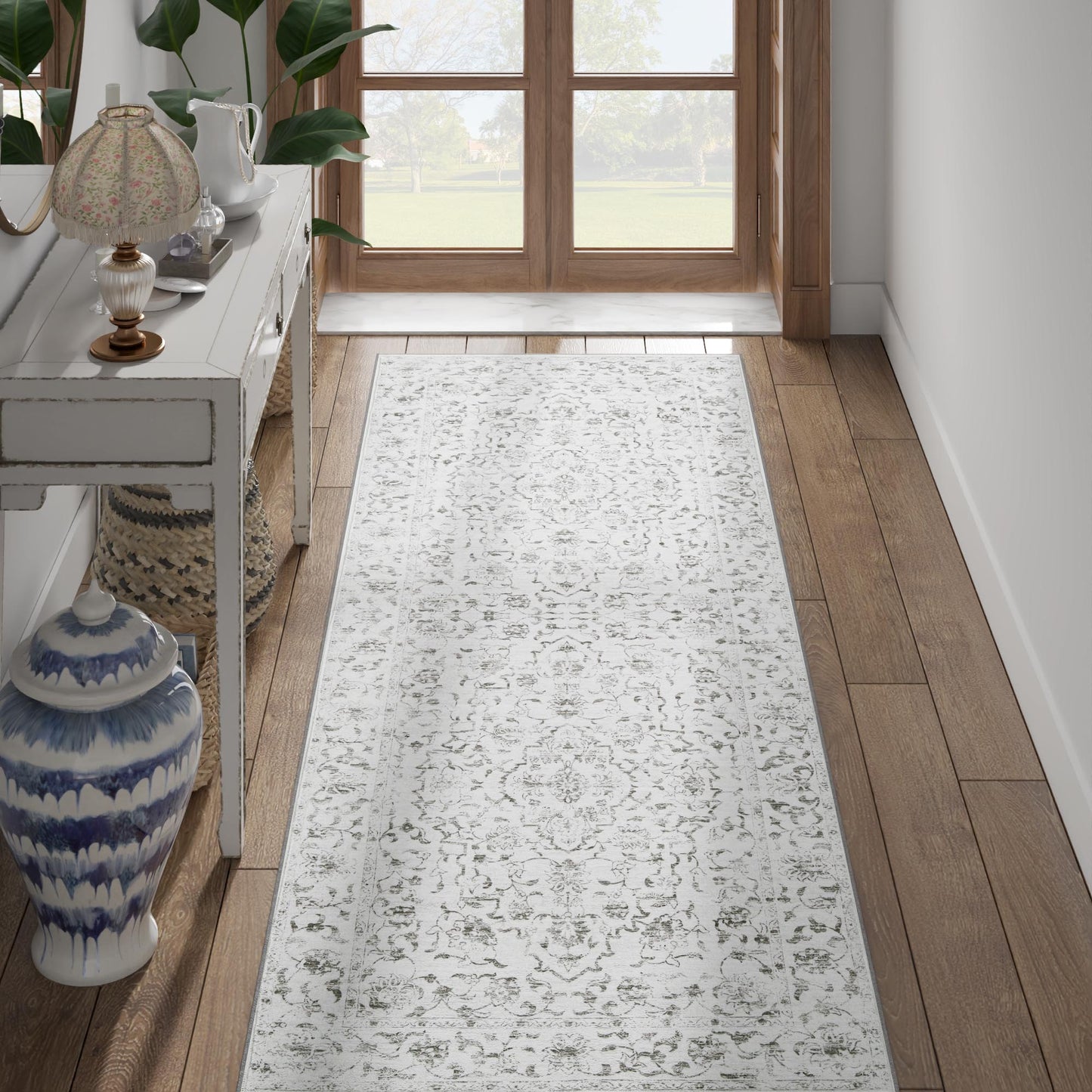 RUGKING Grey Vintage Area Rug Floral Carpet Distressed Mat, Foldable Non Slip Accent Rug for Kitchen Living Room
