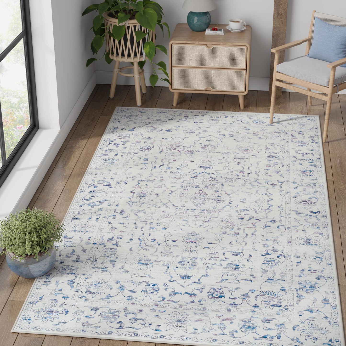 RUGKING Blue Vintage Area Rug Floral Carpet Distressed Mat, Foldable Non Slip Accent Rug for Kitchen Living Room