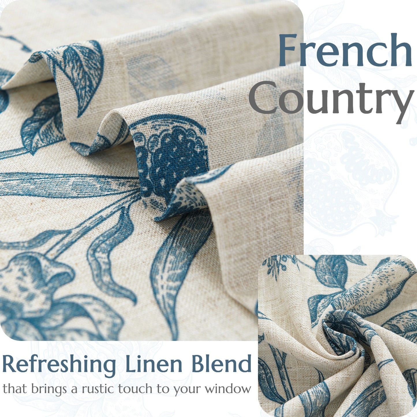CURTAINKING Linen Curtains Floral Curtains for Living Room French Curtains Back Tab Light Filtering Toile Print Farmhouse Bedroom Curtains Window Curtain Set 2 Panels