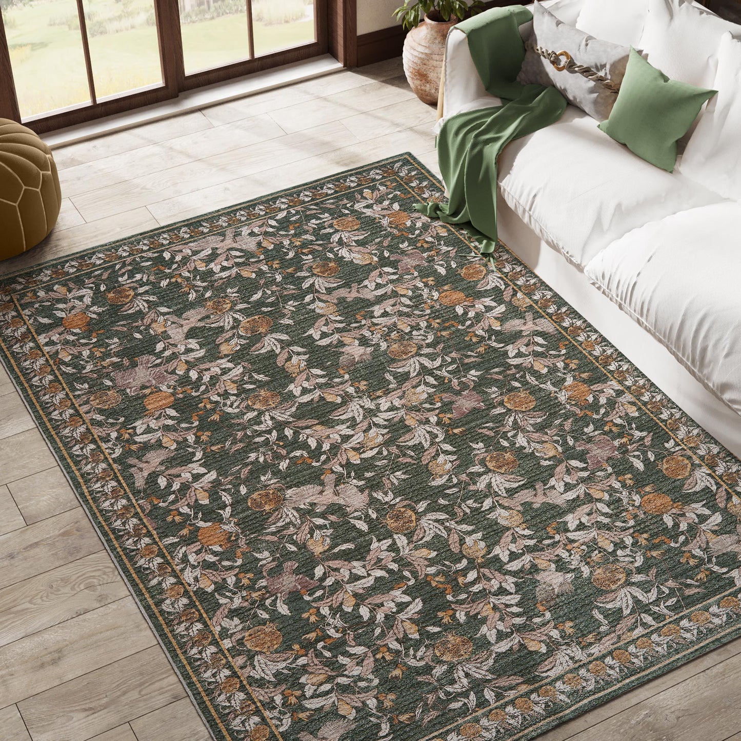 JINCHAN Vintage Rugs For Doormat Retro Oriental Rug Floral Print Mat Thin Traditional Carpet For Kitchen Bathroom Hallway Orange/Green