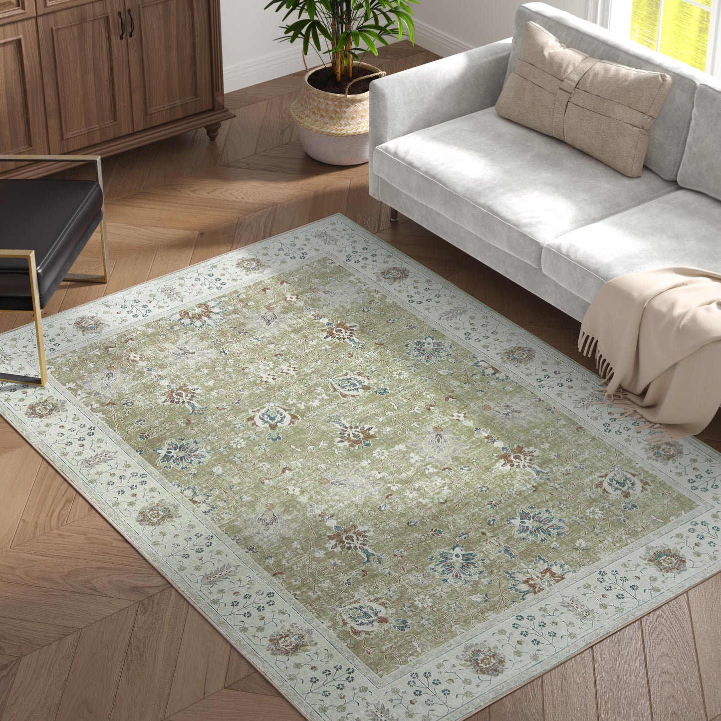 RUGKING Living Room Rug Floral Printed Taupe Indoor Accent Mat with Non-slip backing Retro Persian Rugs for Bedroom Dining Room
