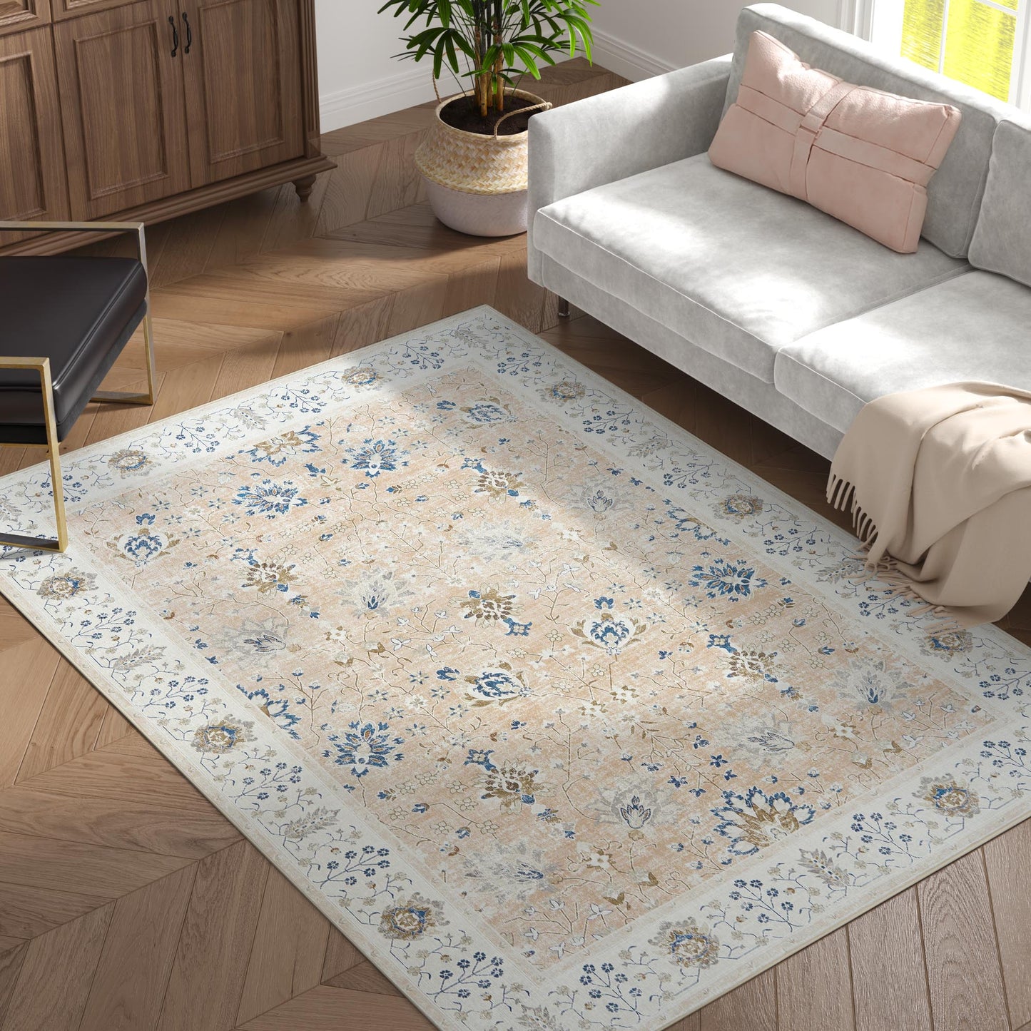 RUGKING Living Room Rug Floral Printed Pink Indoor Accent Mat with Non-slip backing Retro Persian Rugs for Bedroom Dining Room