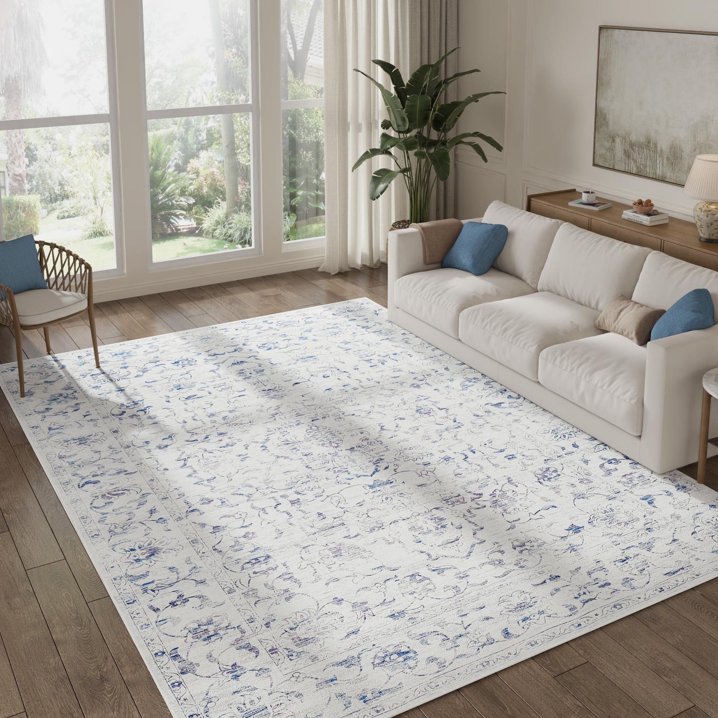 RUGKING Blue Vintage Area Rug Floral Carpet Distressed Mat, Foldable Non Slip Accent Rug for Kitchen Living Room