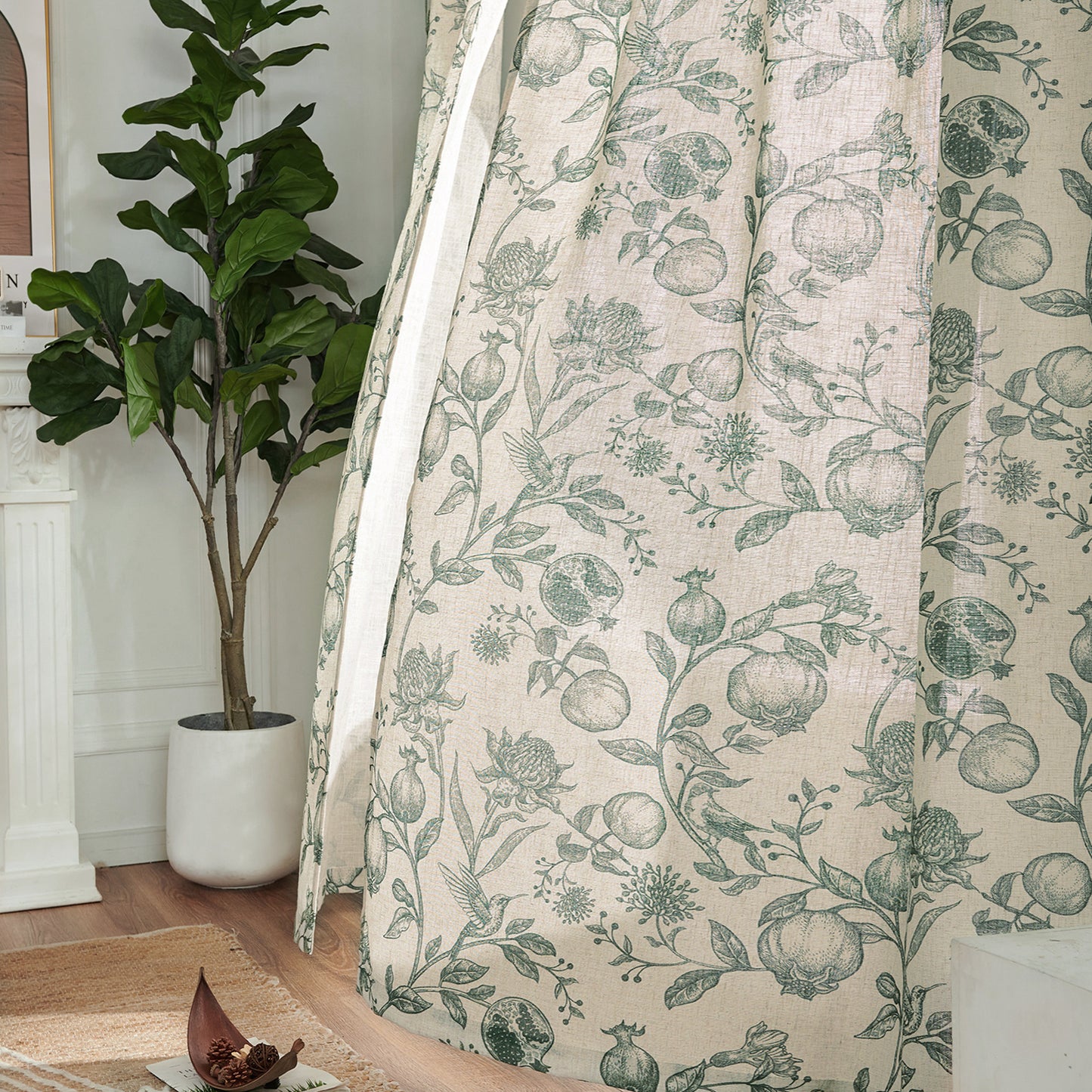 CURTAINKING Linen Curtains Floral Curtains for Living Room French Curtains Back Tab Light Filtering Toile Print Farmhouse Bedroom Curtains Window Curtain Set 2 Panels