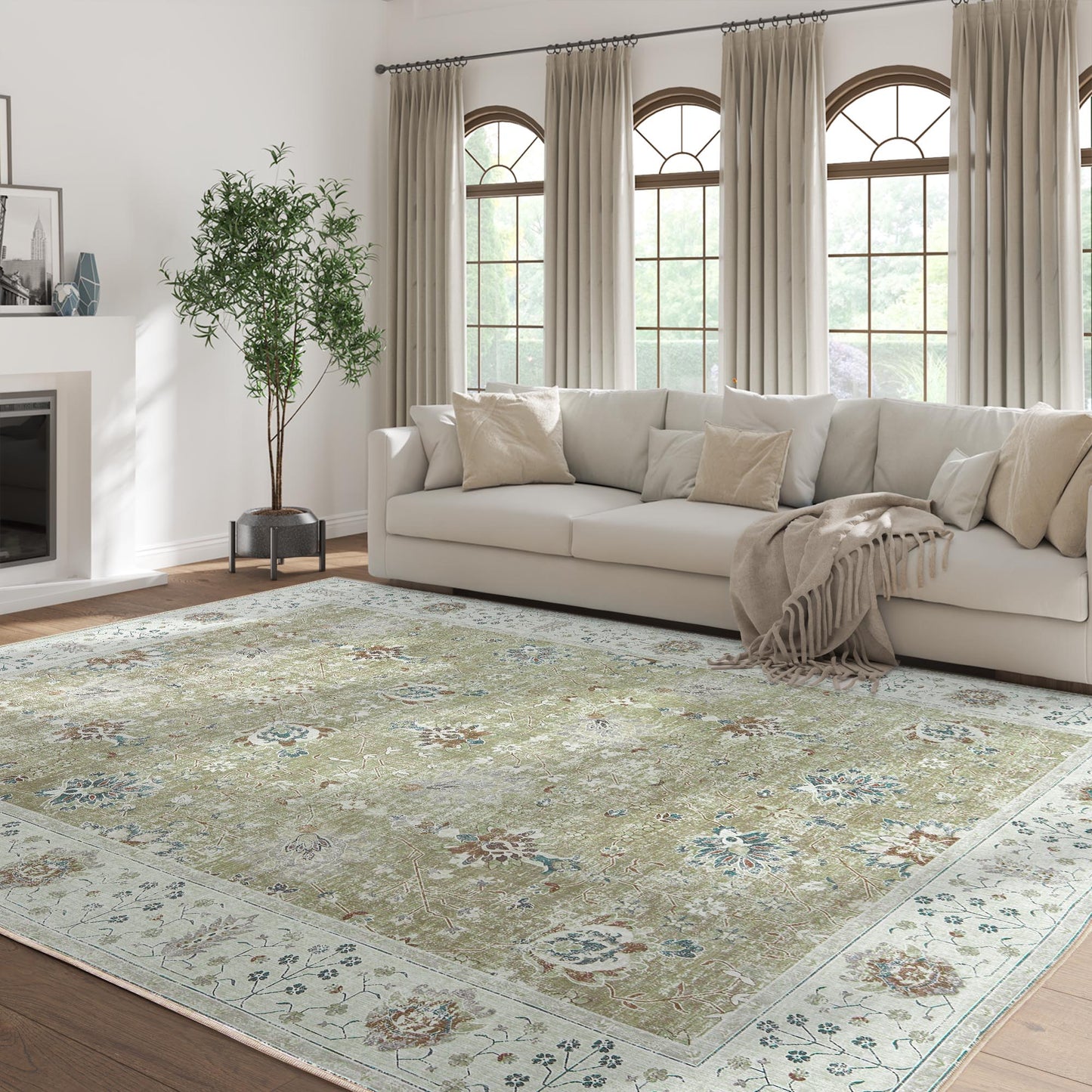 RUGKING Living Room Rug Floral Printed Taupe Indoor Accent Mat with Non-slip backing Retro Persian Rugs for Bedroom Dining Room