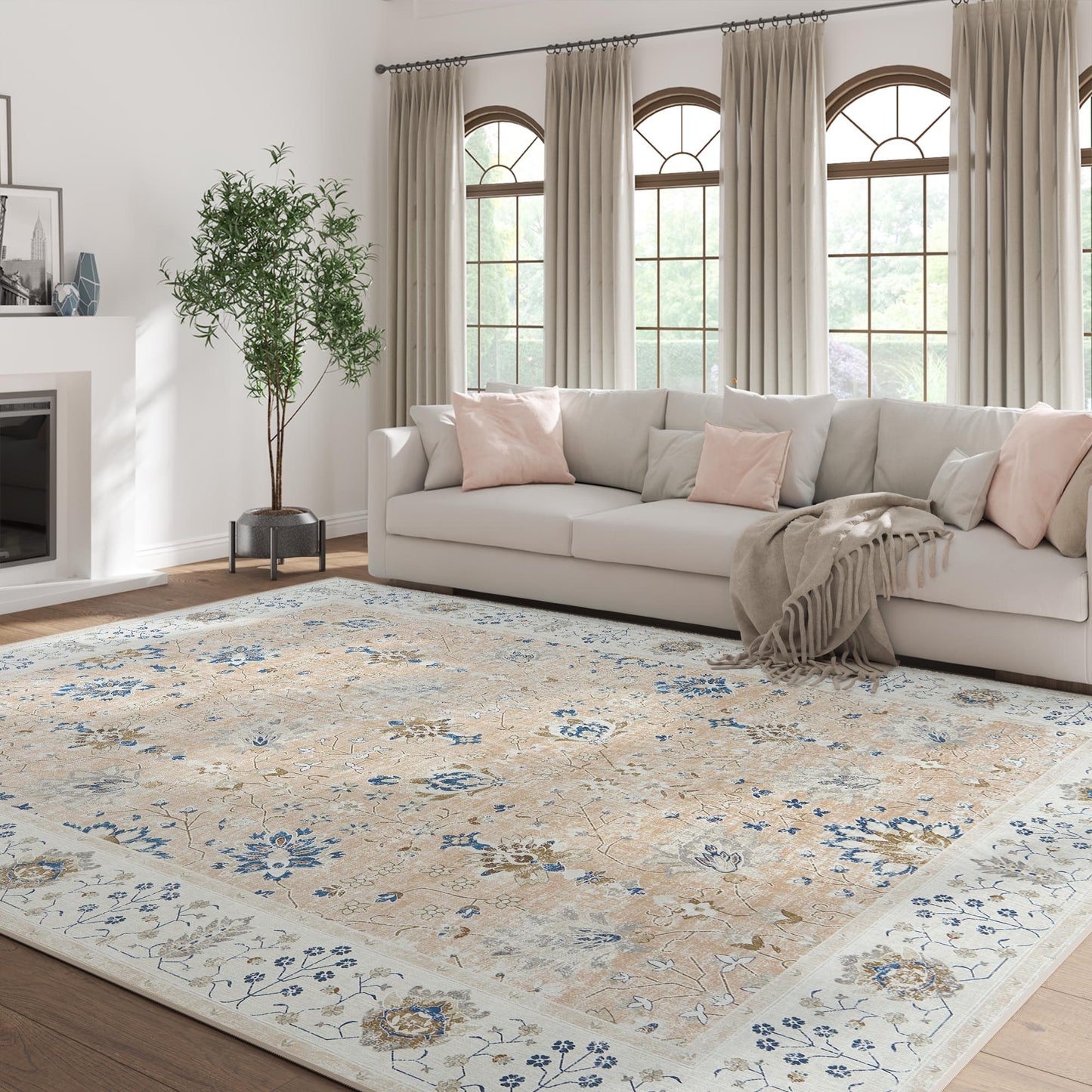 RUGKING Living Room Rug Floral Printed Pink Indoor Accent Mat with Non-slip backing Retro Persian Rugs for Bedroom Dining Room