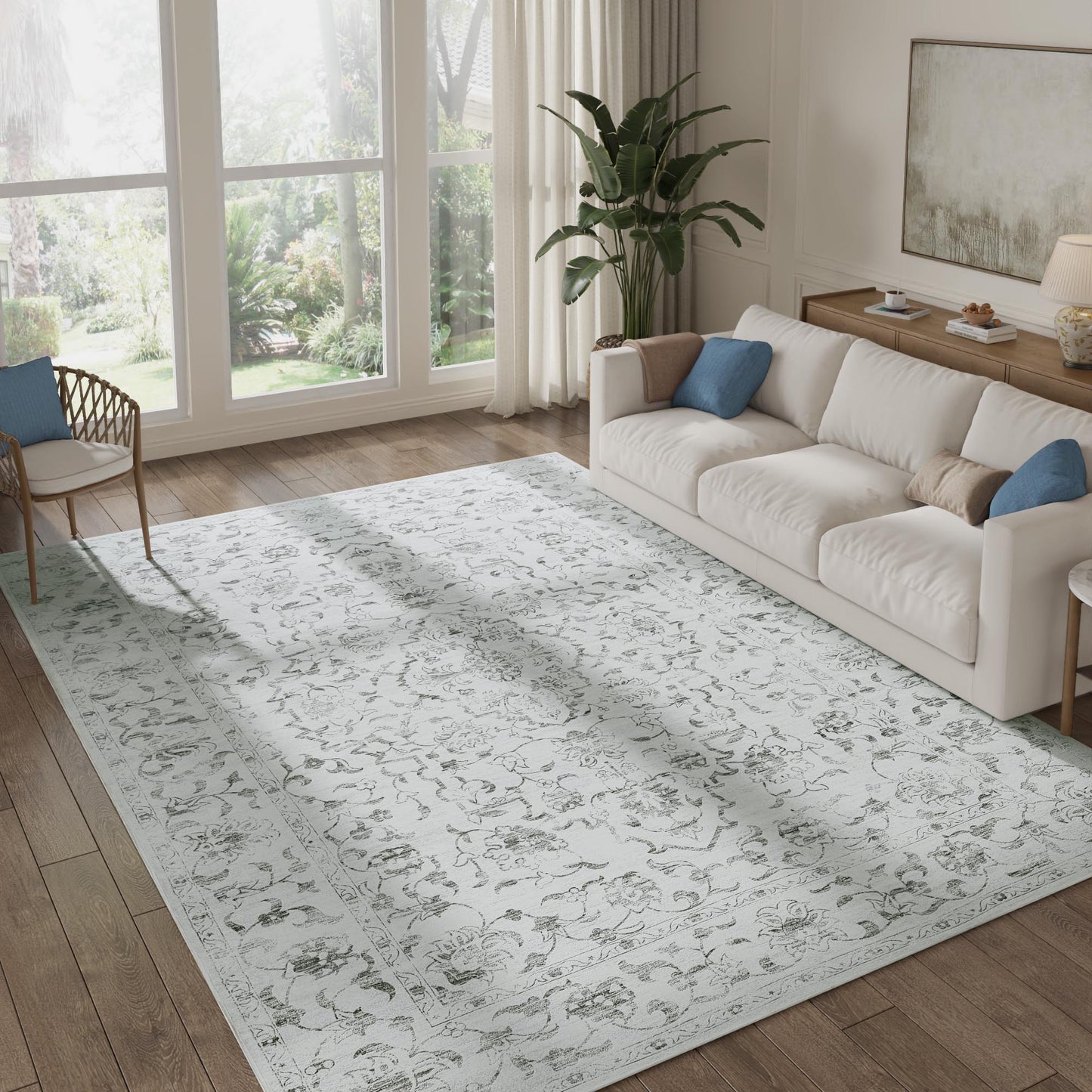 RUGKING Grey Vintage Area Rug Floral Carpet Distressed Mat, Foldable Non Slip Accent Rug for Kitchen Living Room