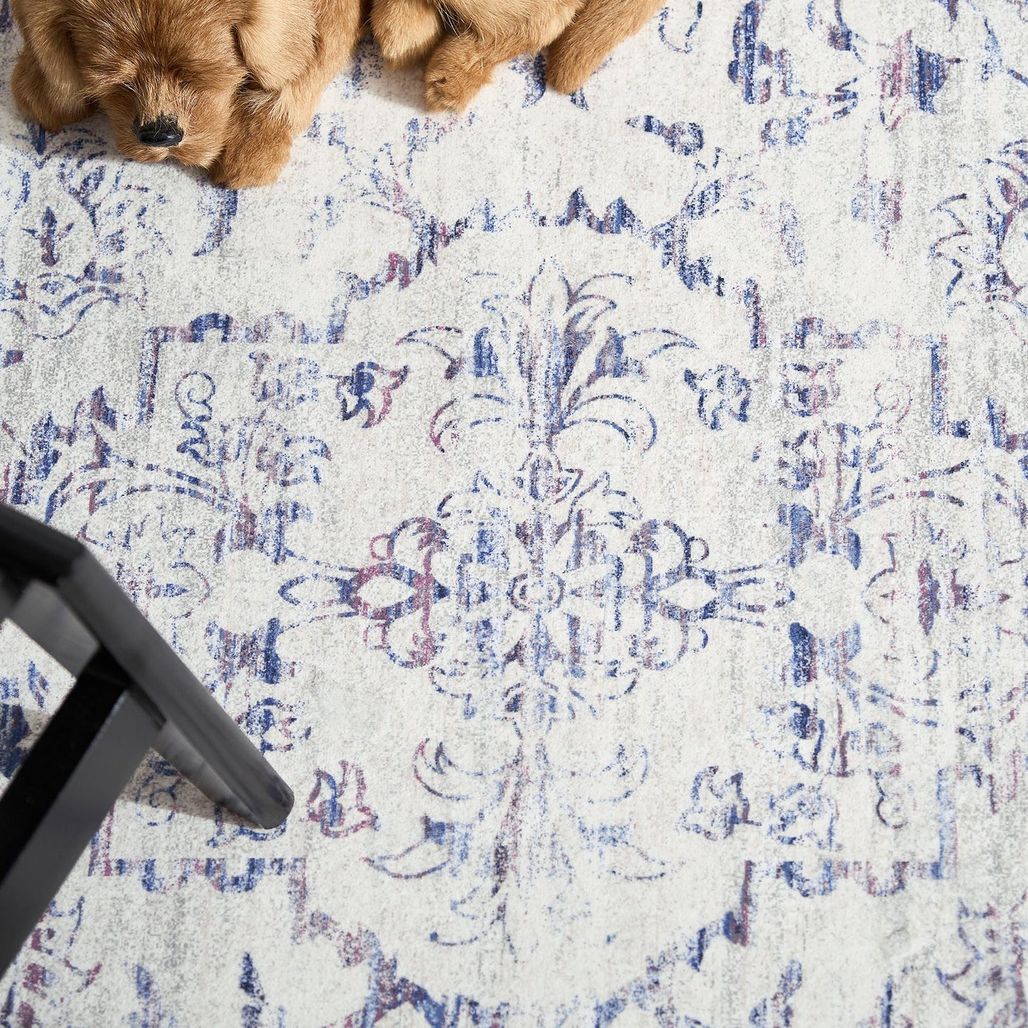 RUGKING Blue Vintage Area Rug Floral Carpet Distressed Mat, Foldable Non Slip Accent Rug for Kitchen Living Room