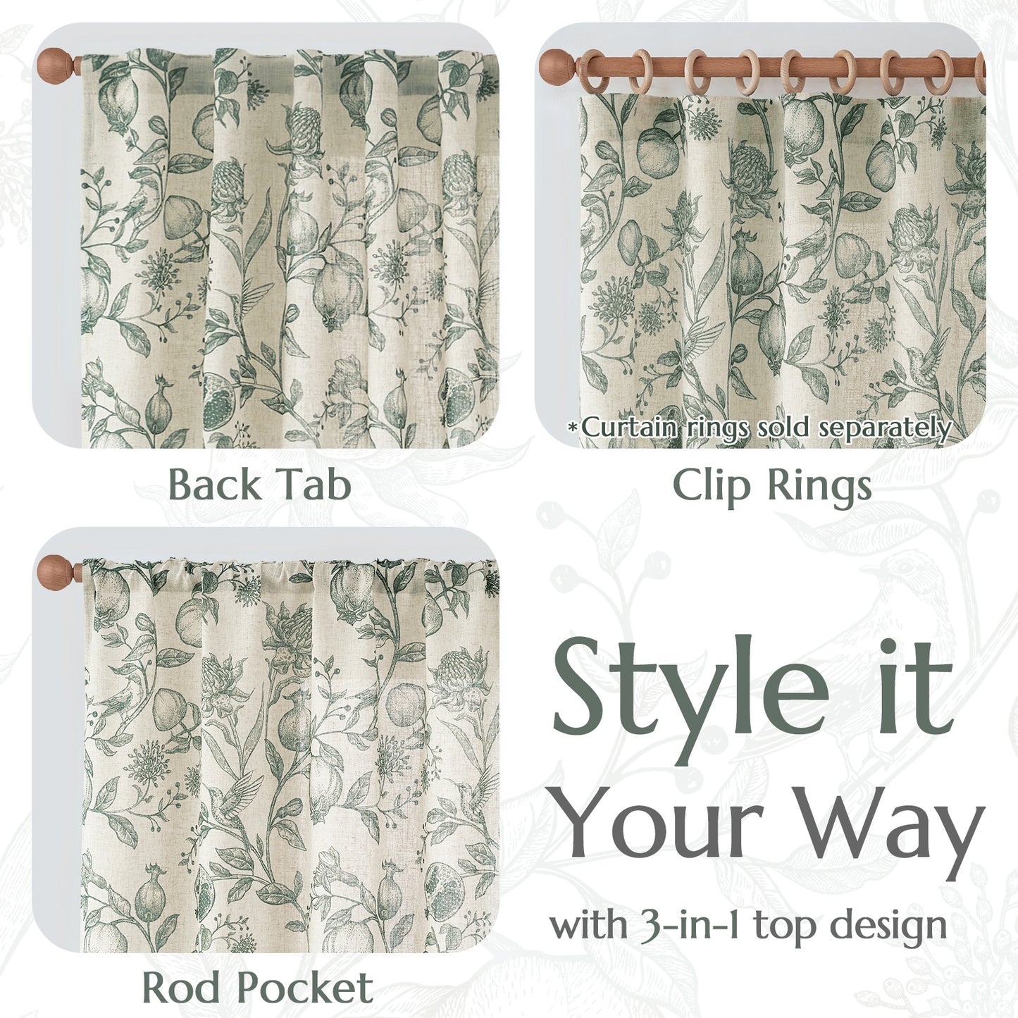 CURTAINKING Linen Curtains Floral Curtains for Living Room French Curtains Back Tab Light Filtering Toile Print Farmhouse Bedroom Curtains Window Curtain Set 2 Panels