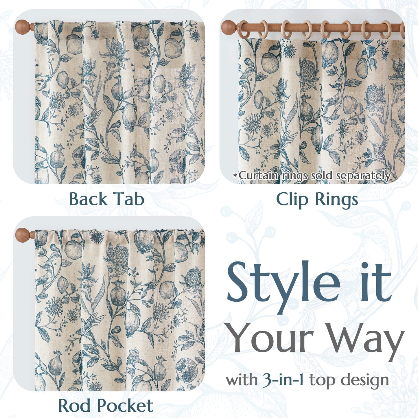 CURTAINKING Linen Curtains Floral Curtains for Living Room French Curtains Back Tab Light Filtering Toile Print Farmhouse Bedroom Curtains Window Curtain Set 2 Panels