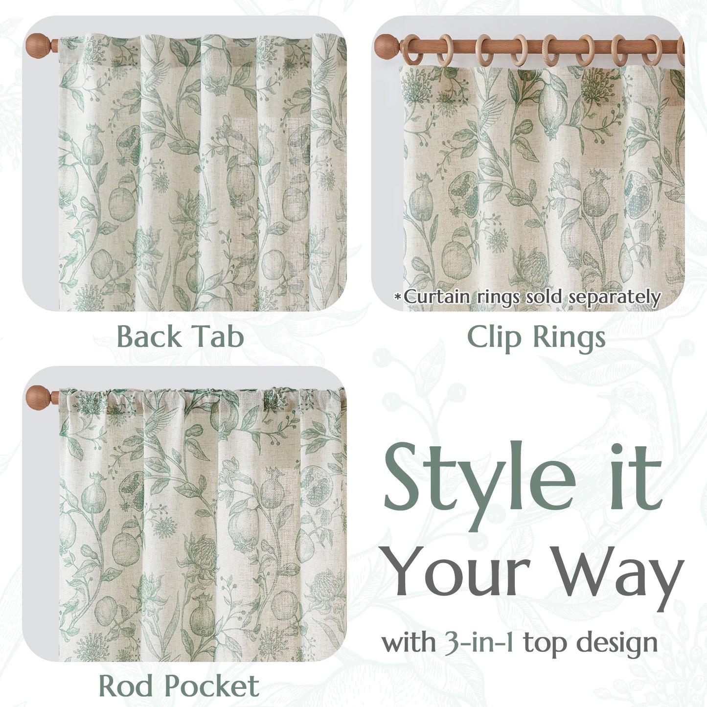 CURTAINKING Linen Curtains Floral Curtains for Living Room French Curtains Back Tab Light Filtering Toile Print Farmhouse Bedroom Curtains Window Curtain Set 2 Panels
