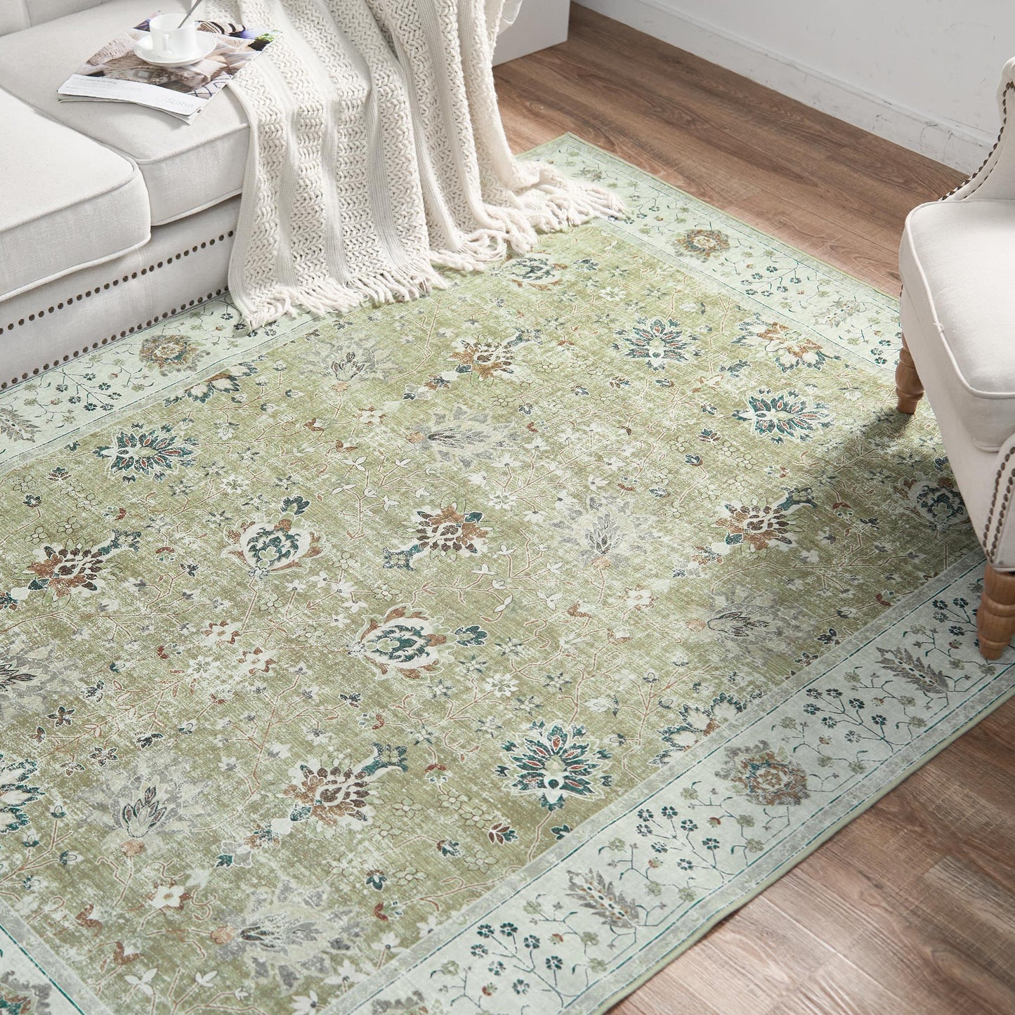 RUGKING Living Room Rug Floral Printed Taupe Indoor Accent Mat with Non-slip backing Retro Persian Rugs for Bedroom Dining Room