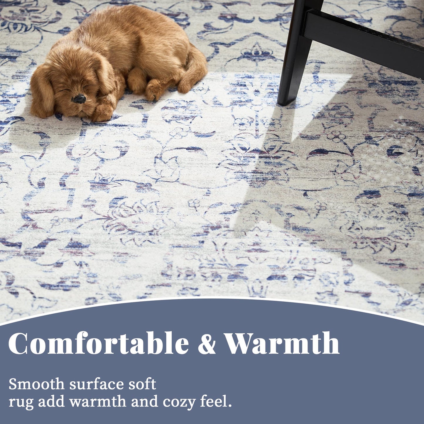 RUGKING Blue Vintage Area Rug Floral Carpet Distressed Mat, Foldable Non Slip Accent Rug for Kitchen Living Room