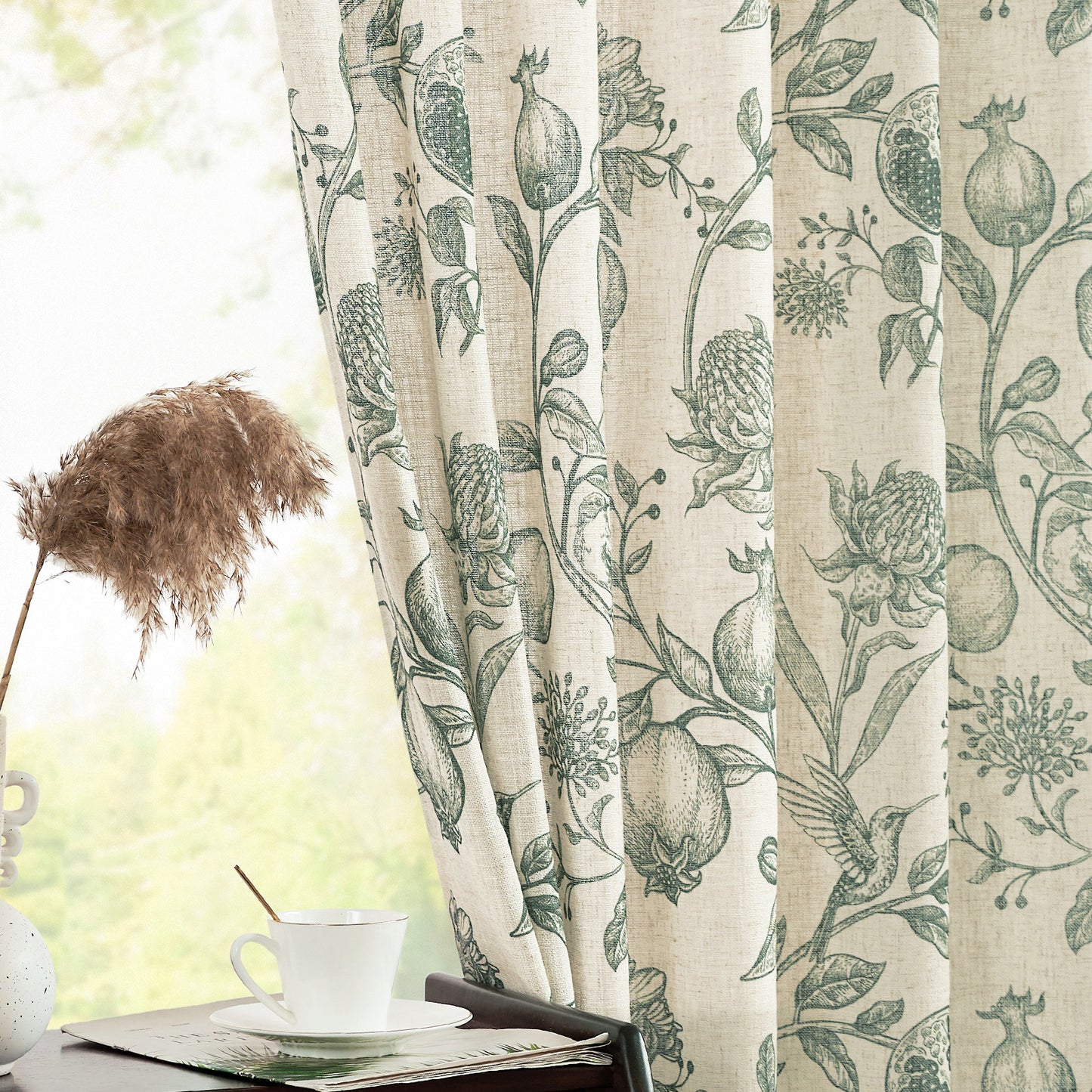 CURTAINKING Linen Curtains Floral Curtains for Living Room French Curtains Back Tab Light Filtering Toile Print Farmhouse Bedroom Curtains Window Curtain Set 2 Panels