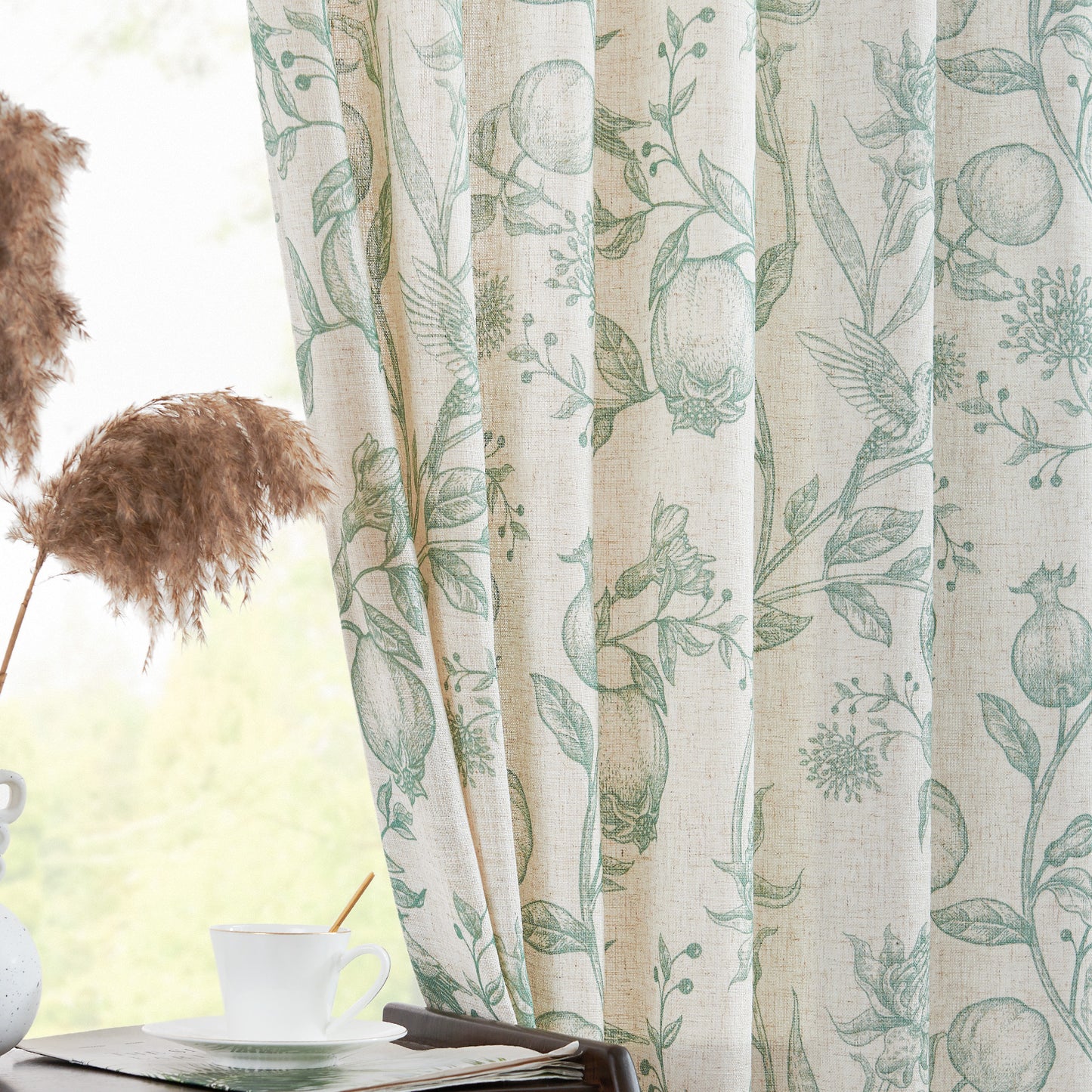 CURTAINKING Linen Curtains Floral Curtains for Living Room French Curtains Back Tab Light Filtering Toile Print Farmhouse Bedroom Curtains Window Curtain Set 2 Panels