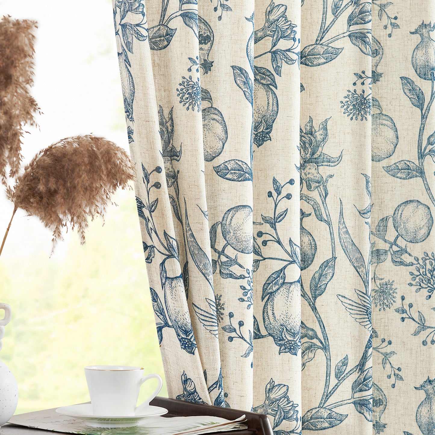 CURTAINKING Linen Curtains Floral Curtains for Living Room French Curtains Back Tab Light Filtering Toile Print Farmhouse Bedroom Curtains Window Curtain Set 2 Panels