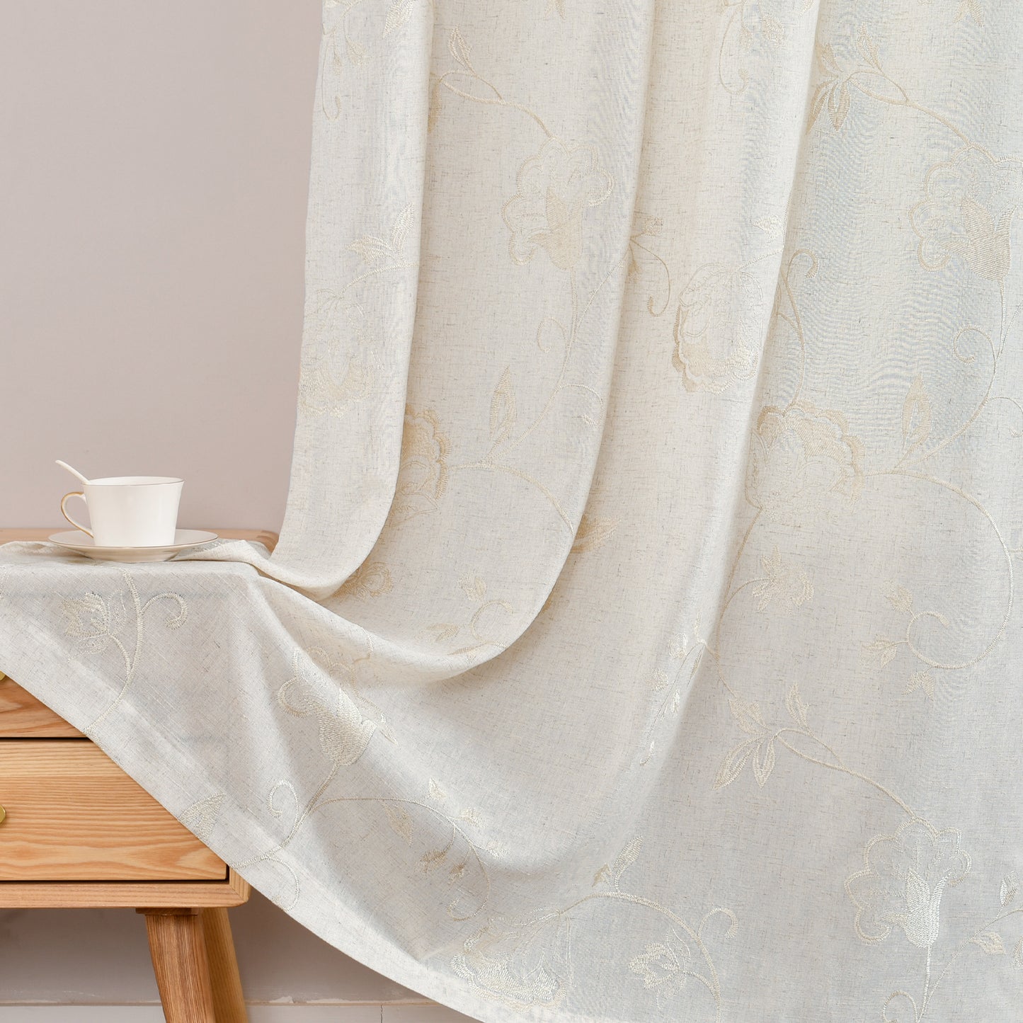 Curtainking Linen Curtains Floral Embroidery Farmhouse Light Filtering Grommet Curtain Panels 2 Pcs